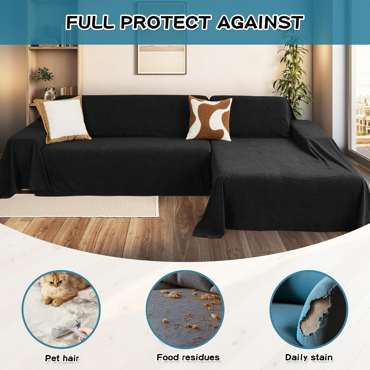 MYSKY HOME Sectional Couch Cover for Dogs, 2 Pieces Couch Covers for L Shape Sofa, Sofa Cover Washable, Furniture Protector Chaise Lounge Cover for 2-3 Cushion Couch (71"x118"+71"x118", Black)