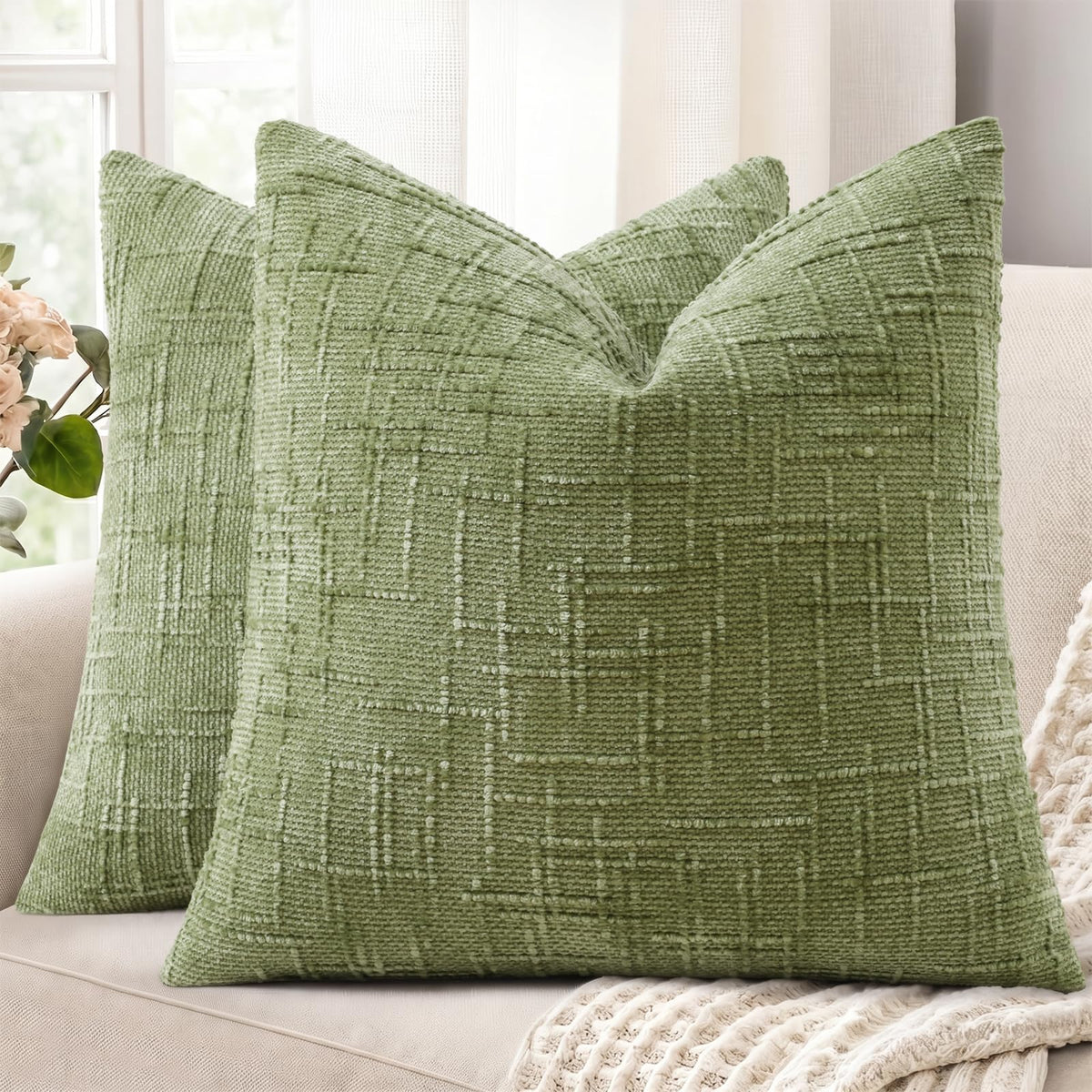 decorUhome Textured Chenille Throw Pillow Covers 18x18 Set of 2 Cream White