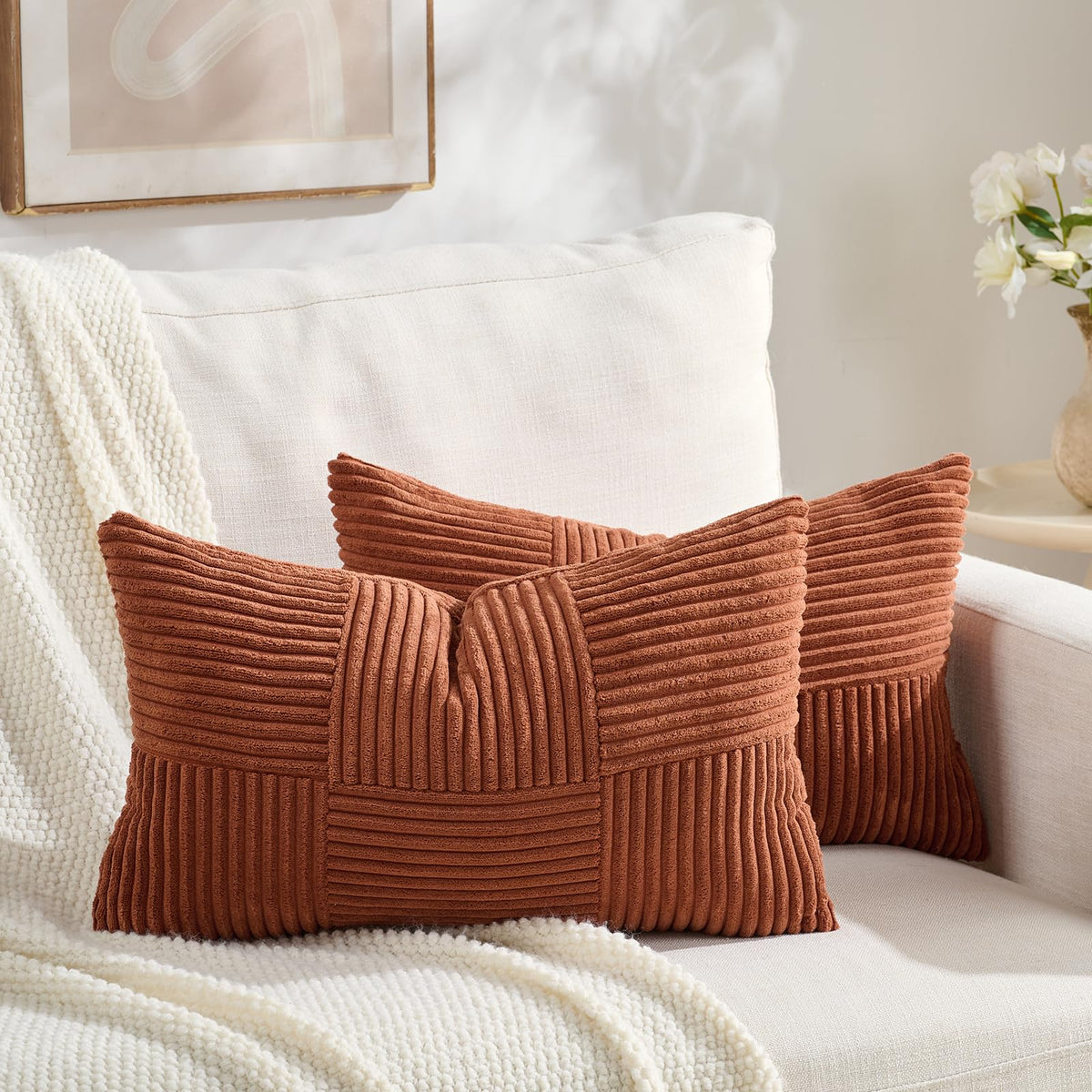 Fancy Homi Set of 2 Dark Gray Boho Decorative Throw Pillow Covers 18x18 Inch for Living Room Bedroom Couch Bed Sofa, Modern Farmhouse Home Decor, Soft Striped Plaid Corduroy Accent Cushion Case