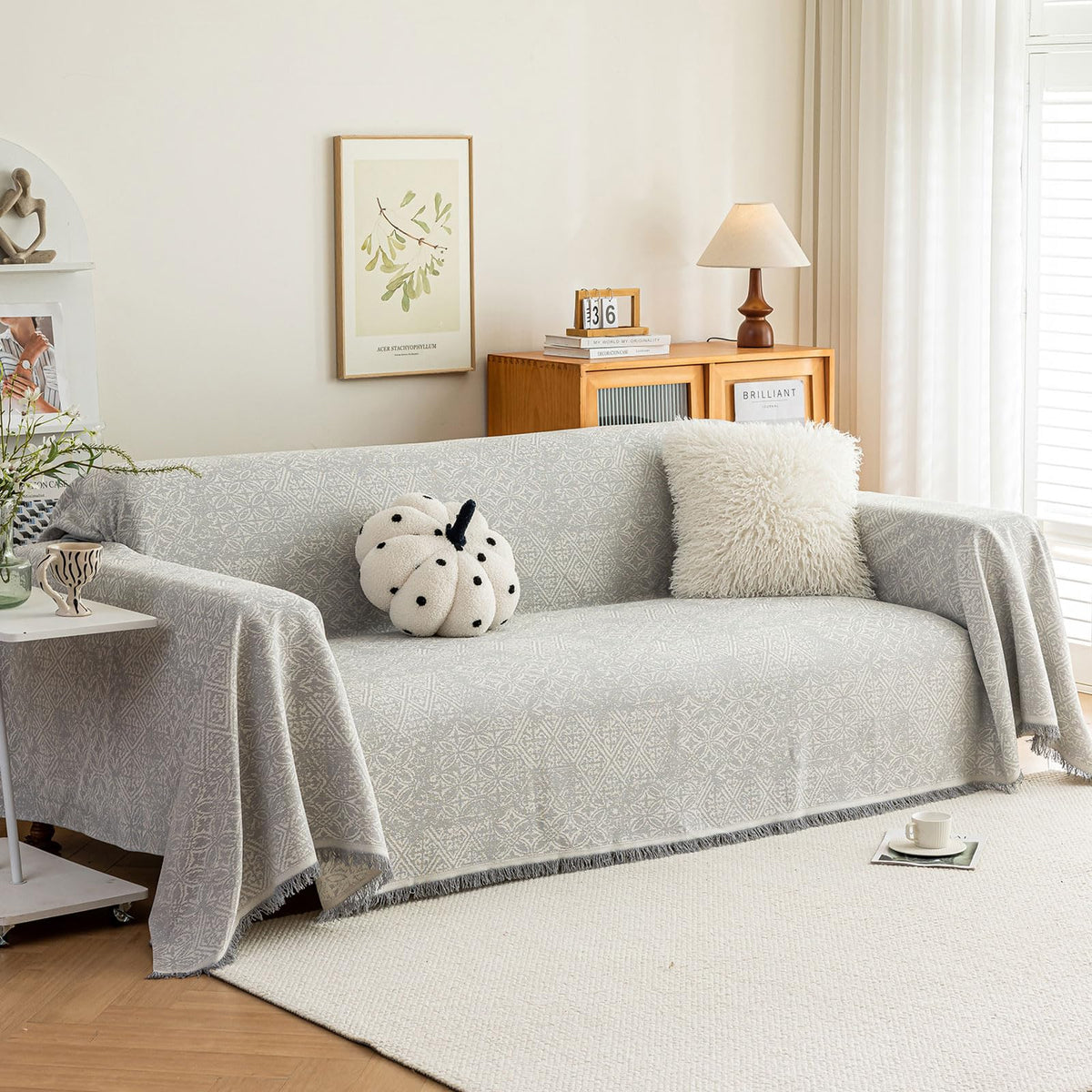 ROOMLIFE Thicked Striped Couch Cover with Tassel Blue Chenille Sofa Cover Blanket for Sectional Sofa, Soft Sofa Slipcovers for L Shaped Love Seat 2-3 Cushion Couch Anti Slip Sofa Protector, 71"x118"