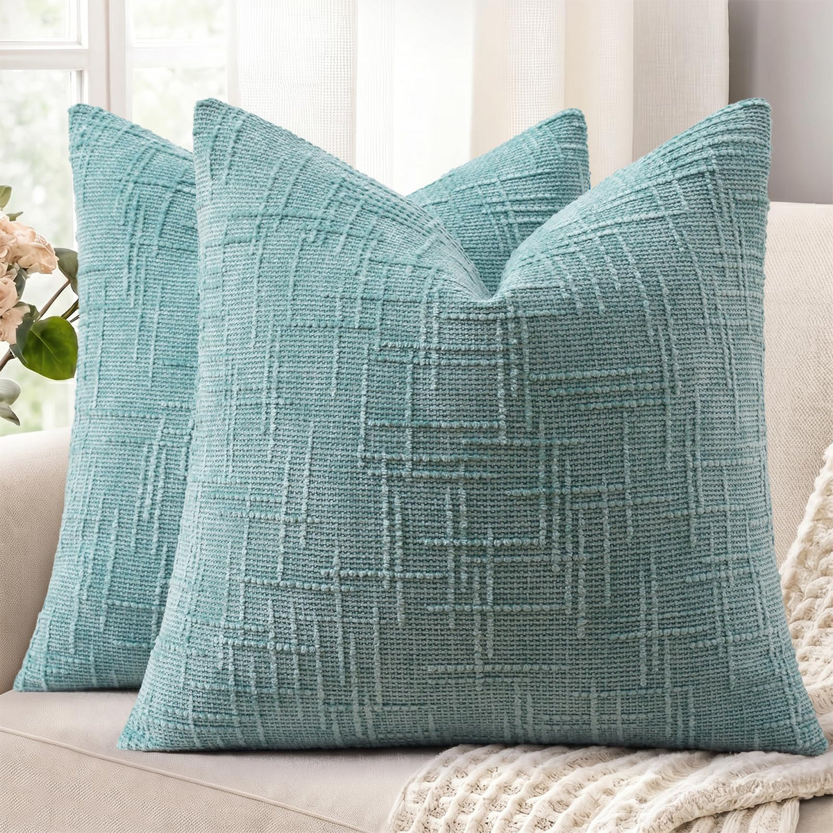 decorUhome Textured Chenille Throw Pillow Covers 18x18 Set of 2 Cream White