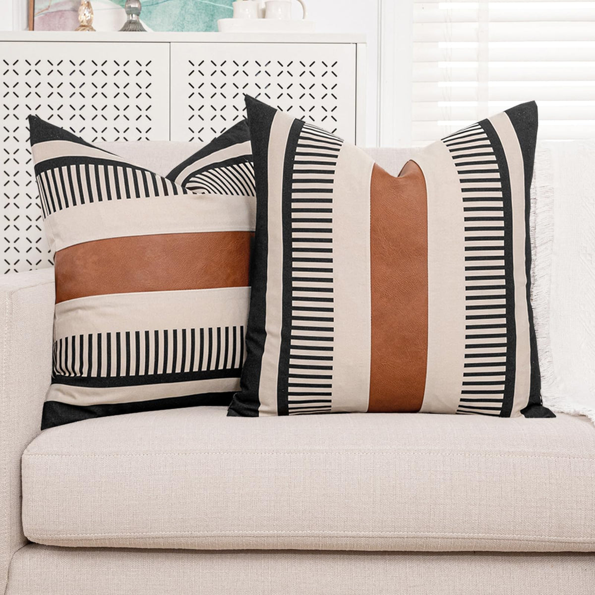 Decorative Striped Throw Pillow Cover 18x18 Black White & Brown
