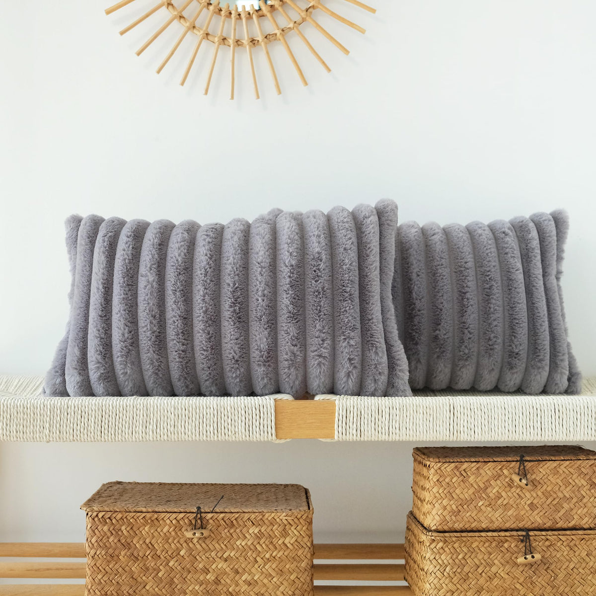 JOJUSIS Faux Fur Plush Throw Pillow Covers, Beige, 18 x 18-Inch