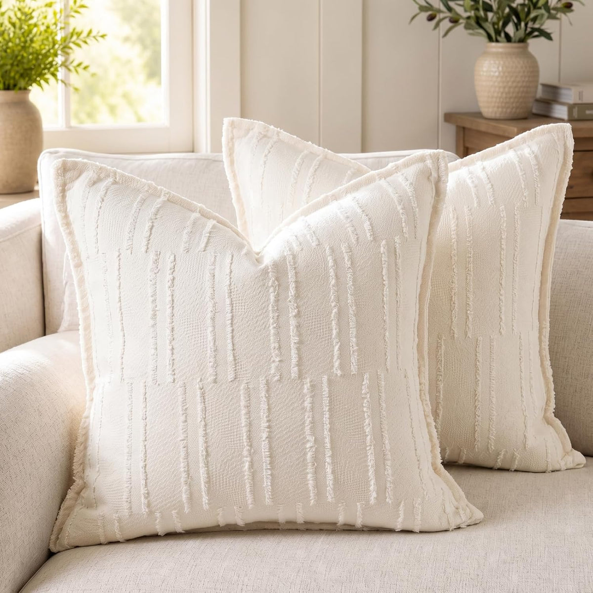 CROWNED BEAUTY Farmhouse Boho Textured Throw Pillow Covers, 20x20, Cream