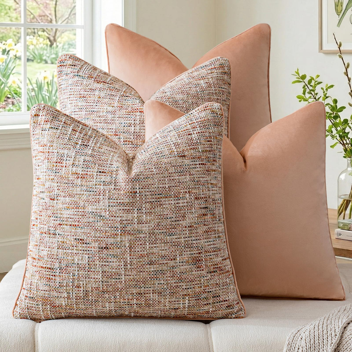 a moment Khaki 4 Pack Throw Pillow Covers - Chenille & Velvet Set with Piping, Farmhouse Textured Design Cushion Cases for Couch Sofa Bed (18x18 Inch, No Insert)