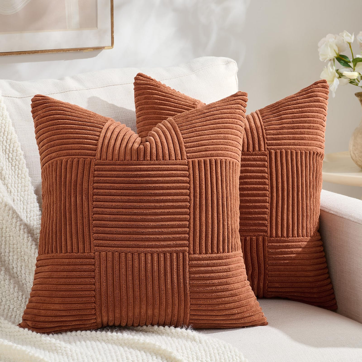 Fancy Homi Set of 2 Dark Gray Boho Decorative Throw Pillow Covers 18x18 Inch for Living Room Bedroom Couch Bed Sofa, Modern Farmhouse Home Decor, Soft Striped Plaid Corduroy Accent Cushion Case