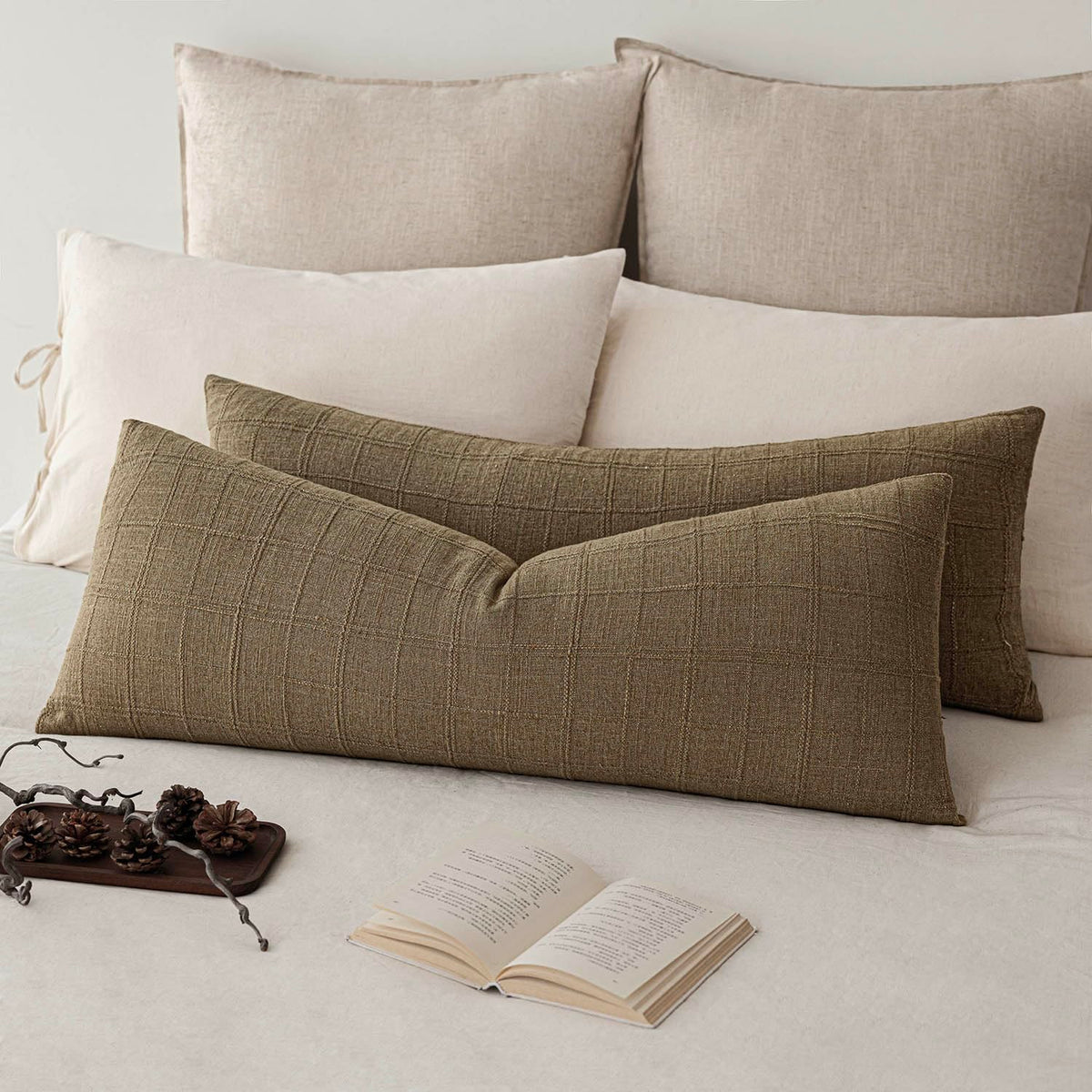 Foindtower Linen Check Decorative Throw Pillow Covers 18×18 Natural Beige