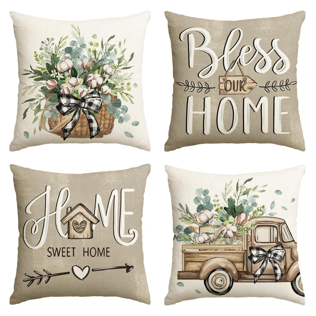 AVOIN colorlife Bless Our Home Eucalyptus Leaves Throw Pillow Covers, 18 x 18 Inch Spring Truck Cushion Case for Home Sofa Couch Set of 4