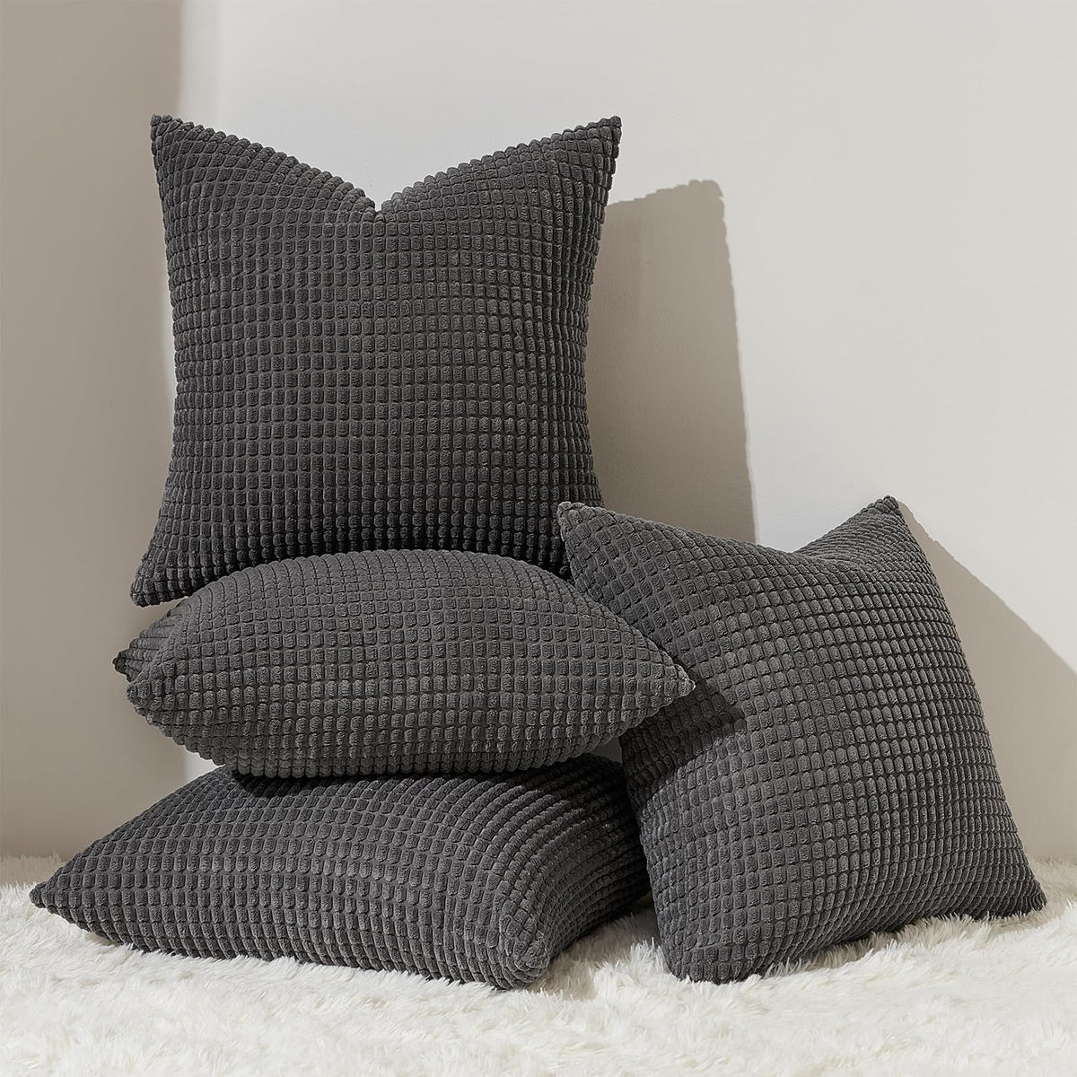 Topfinel Boho SageGreen Throw Pillow Covers for Couch Living Room,Summer Green Cushion Covers Room Decorative Fluffy Corduroy,Nordic Cushion Cover 18x18 Inch Set of 4 (Green/LightGreen/OliveGreen)