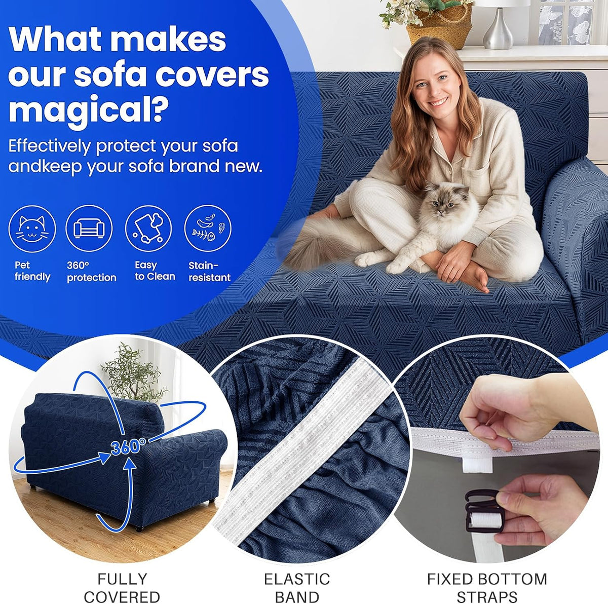 YEMYHOM 1 Piece Stretch Couch Covers for 3 Cushion Couch, Jacquard Sofa Cover with Non-Slip Elastic Bottom, Thickened Slipcover Furniture Protector for Dogs Pets (Large, Navy)