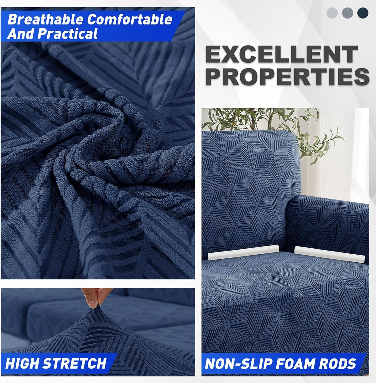 YEMYHOM 1 Piece Stretch Couch Covers for 3 Cushion Couch, Jacquard Sofa Cover with Non-Slip Elastic Bottom, Thickened Slipcover Furniture Protector for Dogs Pets (Large, Navy)
