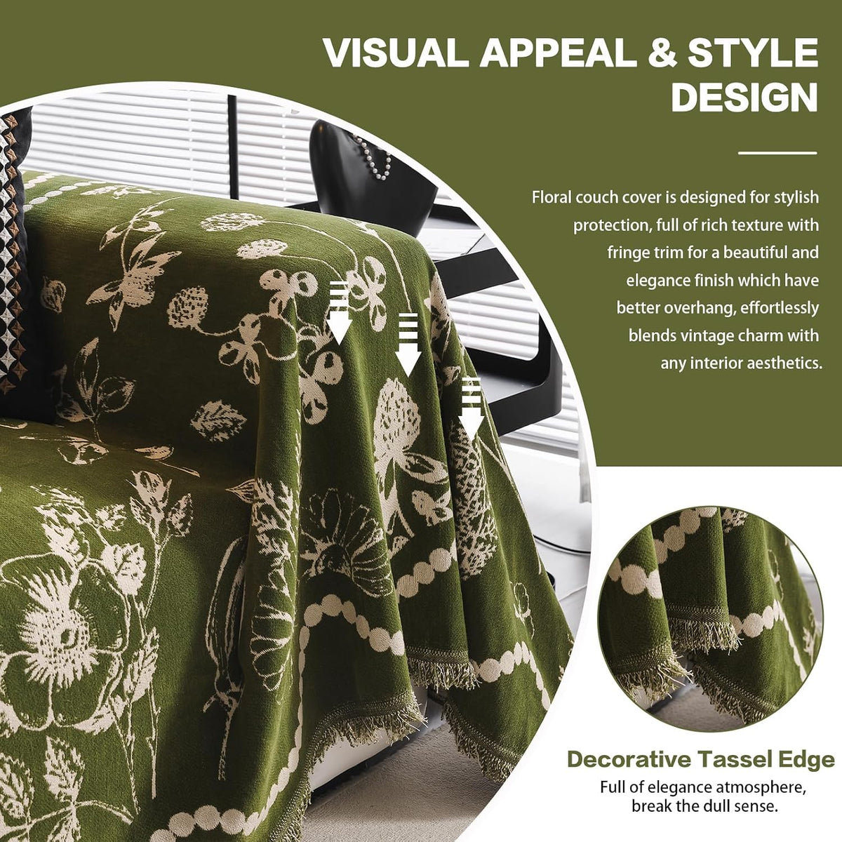 DREAMINGO Green Floral Couch Cover Farmhouse Botanical Jacquard Sofa Covers for 2 Cushion Couch Cozy Chenille Living Room Furniture Loveseat Sectional Sofa Slipcovers Washable, Large 71"x118"