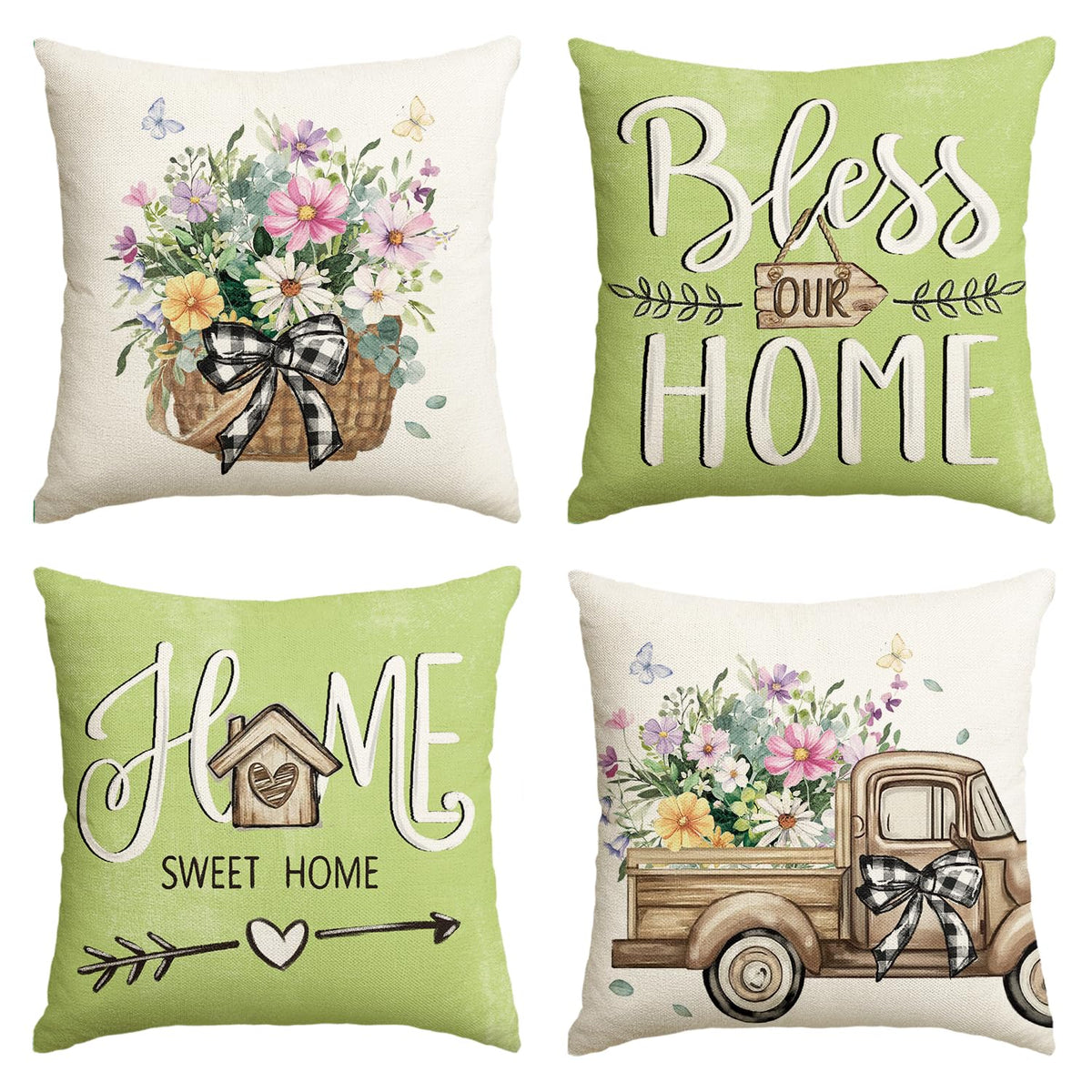 AVOIN colorlife Bless Our Home Eucalyptus Leaves Throw Pillow Covers, 18 x 18 Inch Spring Truck Cushion Case for Home Sofa Couch Set of 4