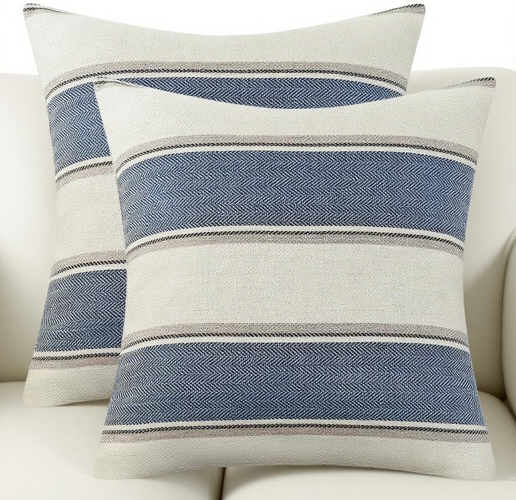 AmHoo Pack of 2 Farmhouse Linen Throw Pillow Cover Cushion Stripe Decoration Buffalo Retro Pillowcase with Hidden Zipper for Sofa Bedroom Car 18 x 18 Inch Blue