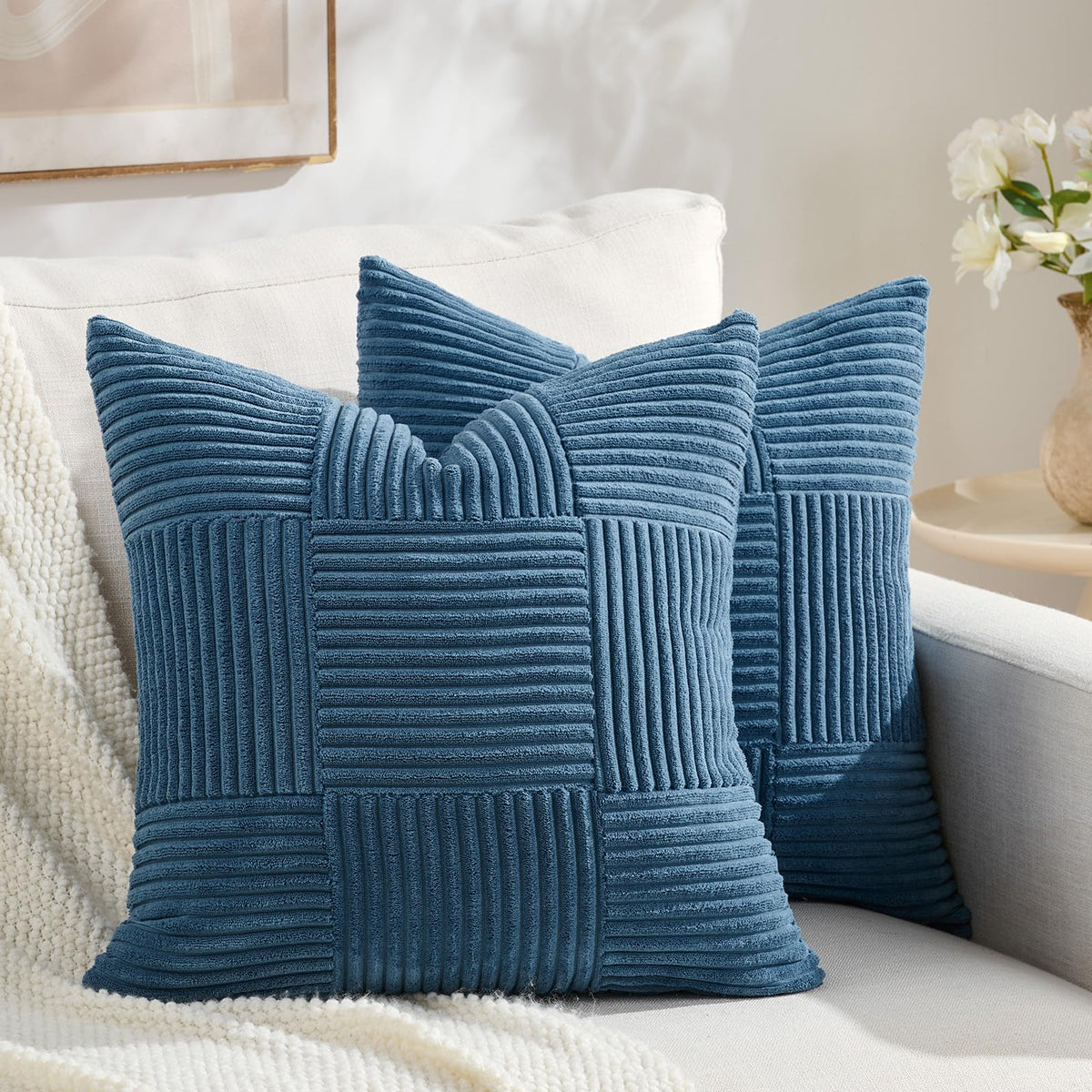 Fancy Homi Set of 2 Dark Gray Boho Decorative Throw Pillow Covers 18x18 Inch for Living Room Bedroom Couch Bed Sofa, Modern Farmhouse Home Decor, Soft Striped Plaid Corduroy Accent Cushion Case