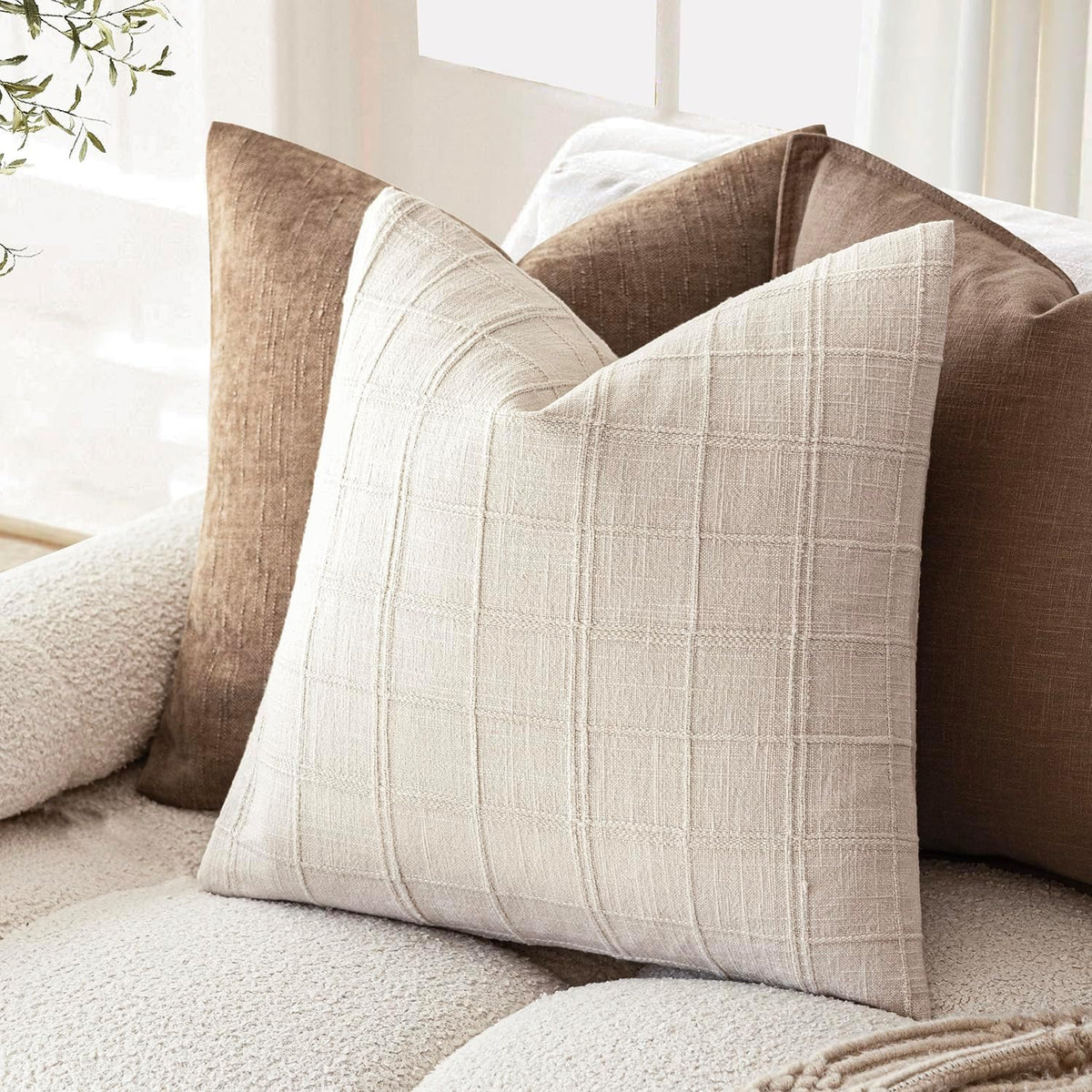 Foindtower Linen Check Decorative Throw Pillow Covers 18×18 Natural Beige