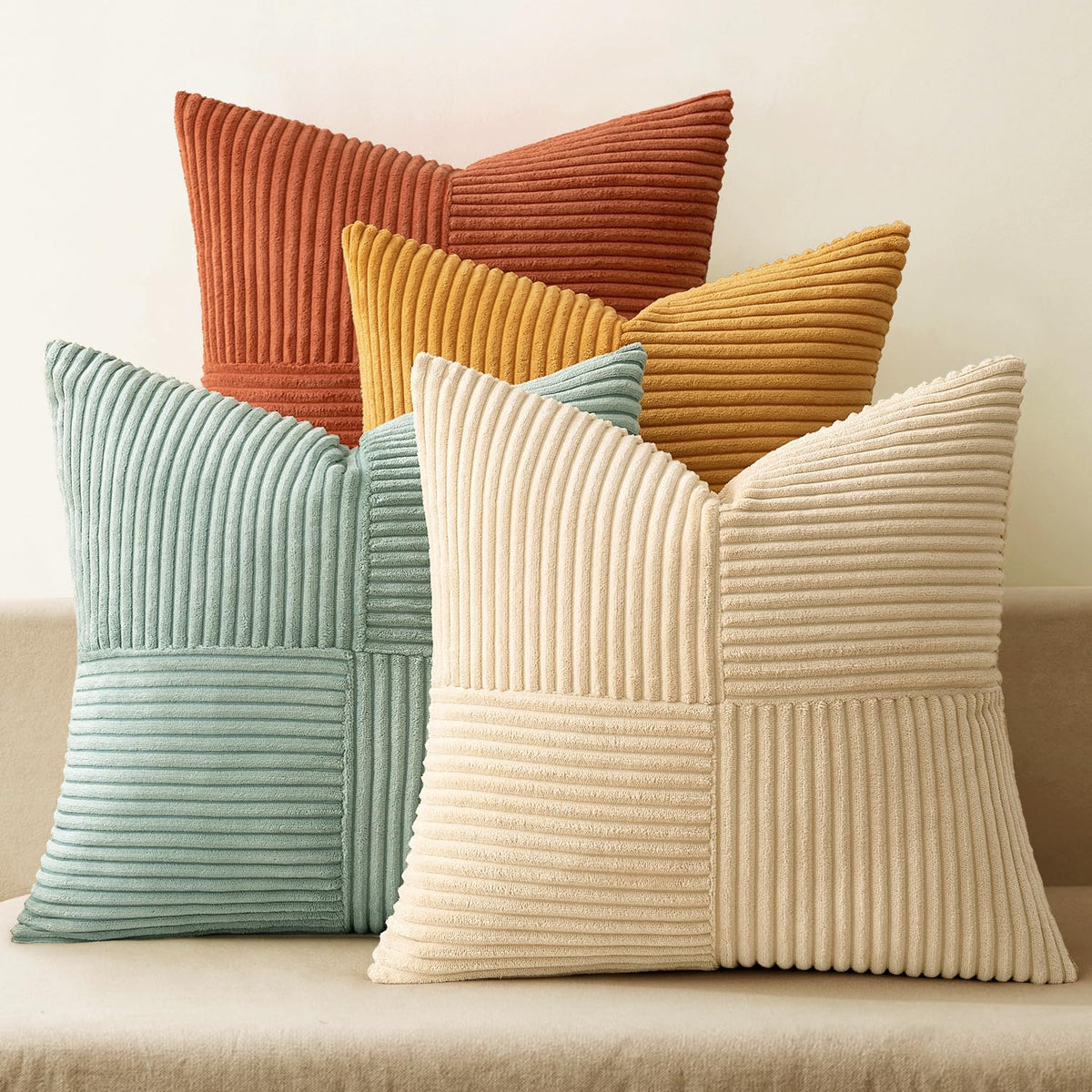 MIULEE Spring Green Decorative Throw Pillow Covers 18x18 Inch Set of 4 Boho Farmhouse Cushion Covers Mordern Nordic Pillow Cases Soft Corduroy Gradient Home Decor for Couch Sofa Living Room Bed