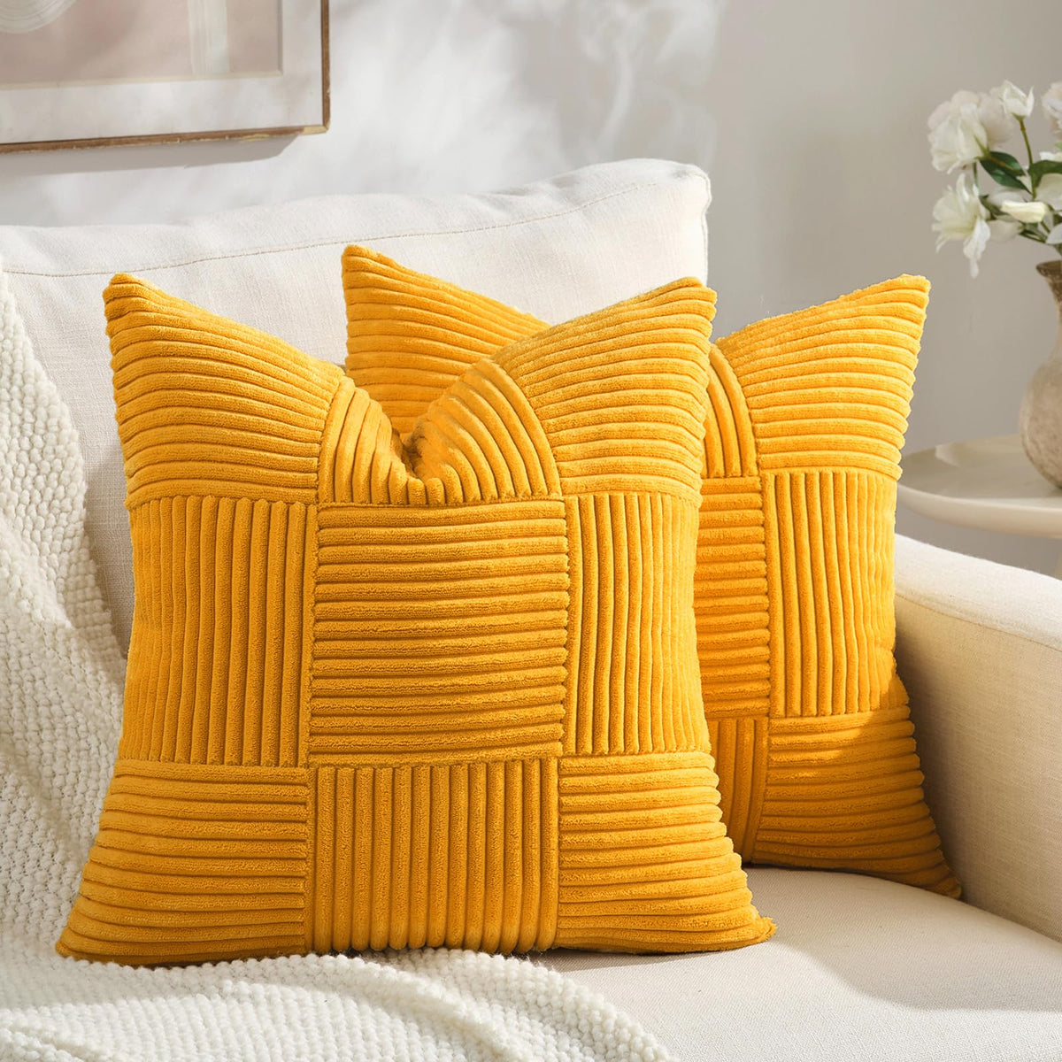 Fancy Homi Set of 2 Dark Gray Boho Decorative Throw Pillow Covers 18x18 Inch for Living Room Bedroom Couch Bed Sofa, Modern Farmhouse Home Decor, Soft Striped Plaid Corduroy Accent Cushion Case