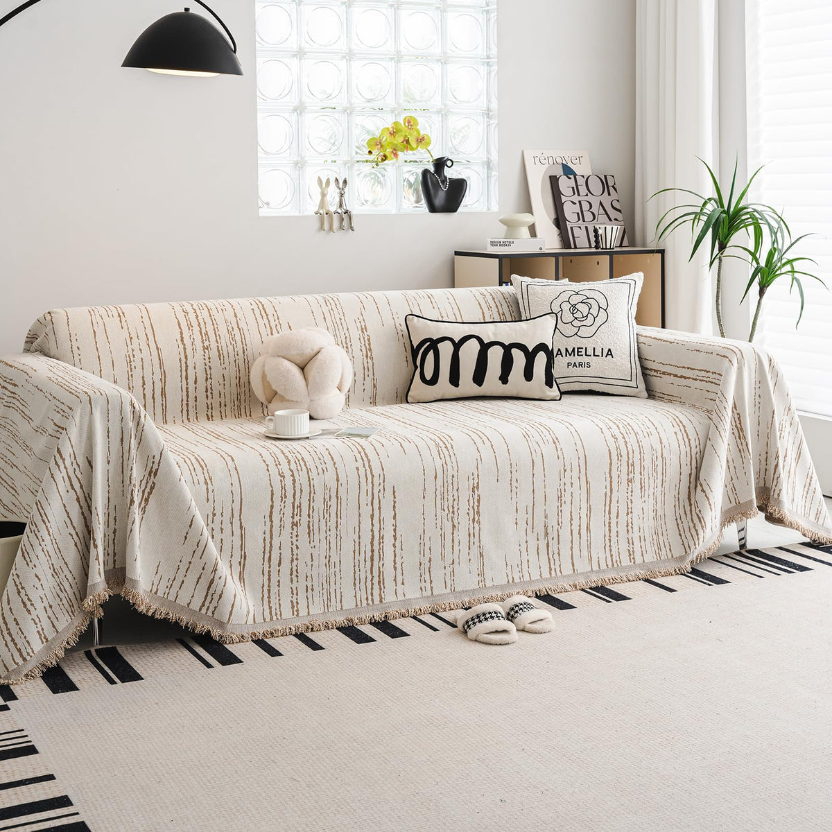 WEYOND Boho Couch Cover, Chenille Sofa Covers Washable, 71" x 102", Khaki
