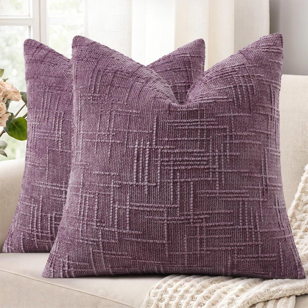 decorUhome Textured Chenille Throw Pillow Covers 18x18 Set of 2 Cream White