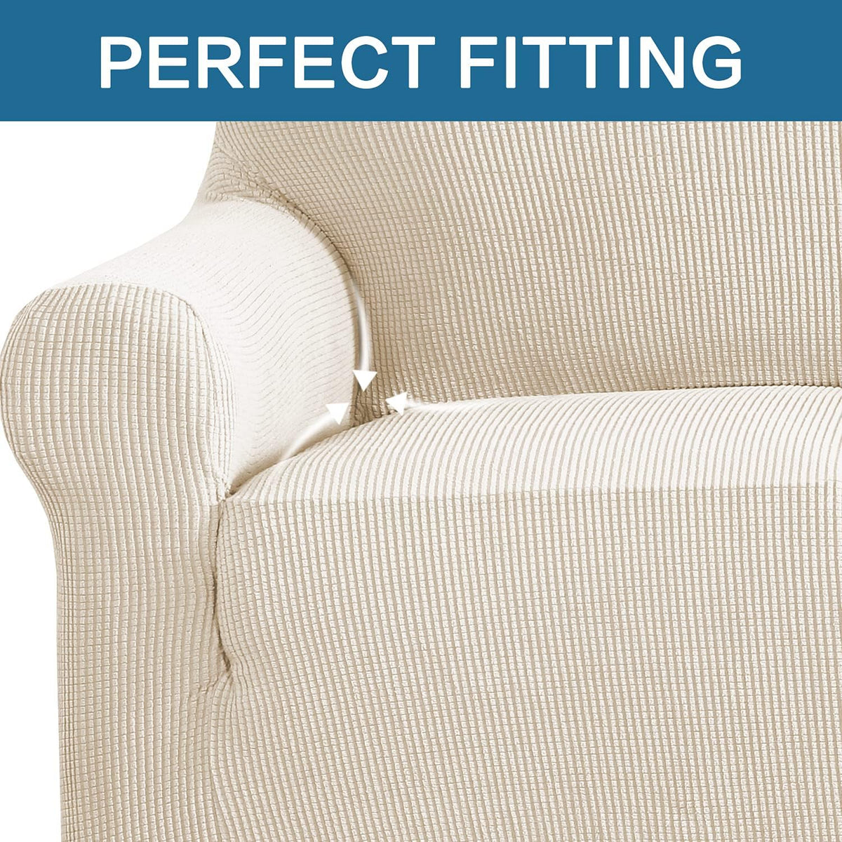 H.VERSAILTEX Stretch Sofa Covers for 3 Cushion Couch Covers Sofa Slipcovers for Living Room Feature Thick Checked Jacquard Fabric with Elastic Bottom, Sofa Large - Natural