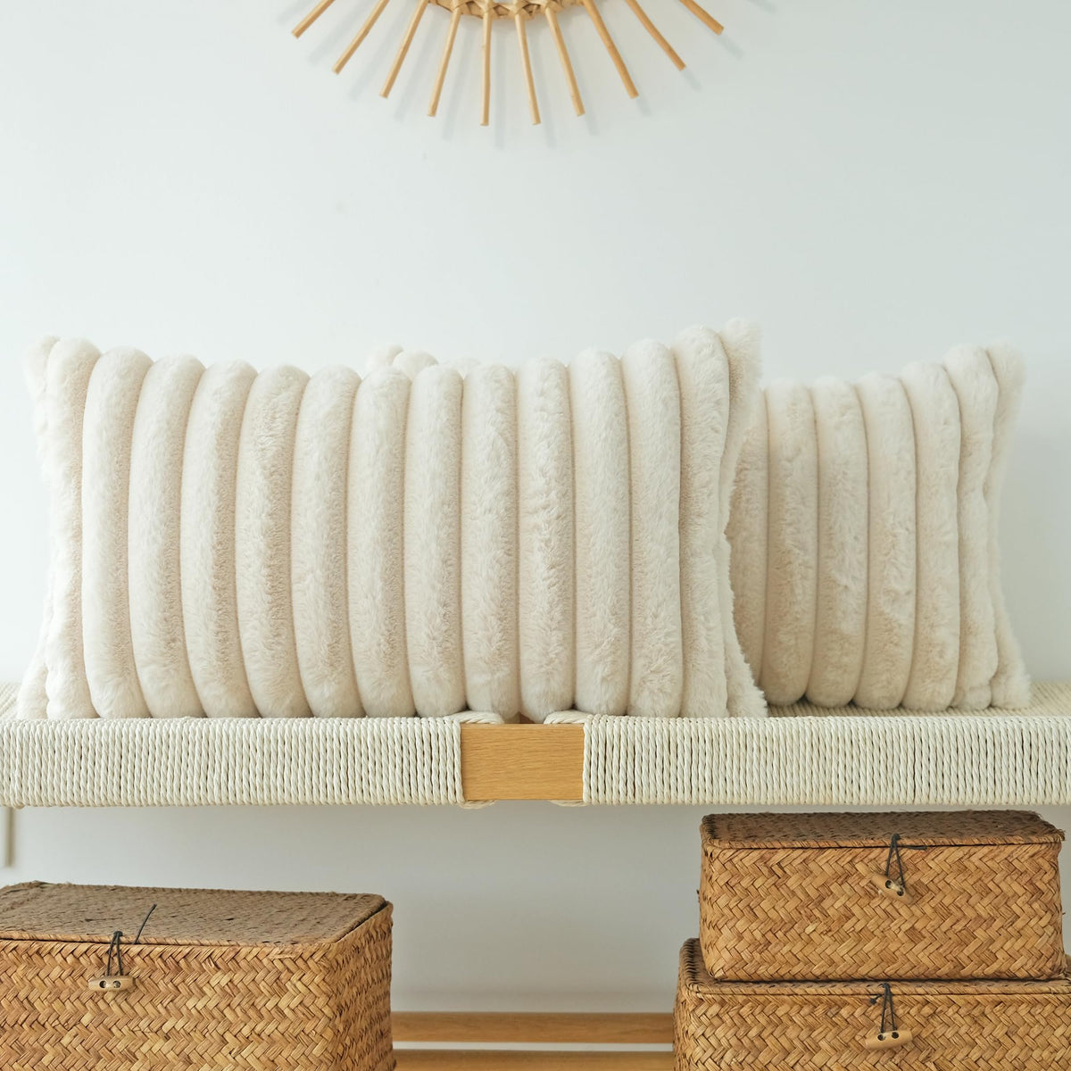 JOJUSIS Faux Fur Plush Throw Pillow Covers, Beige, 18 x 18-Inch