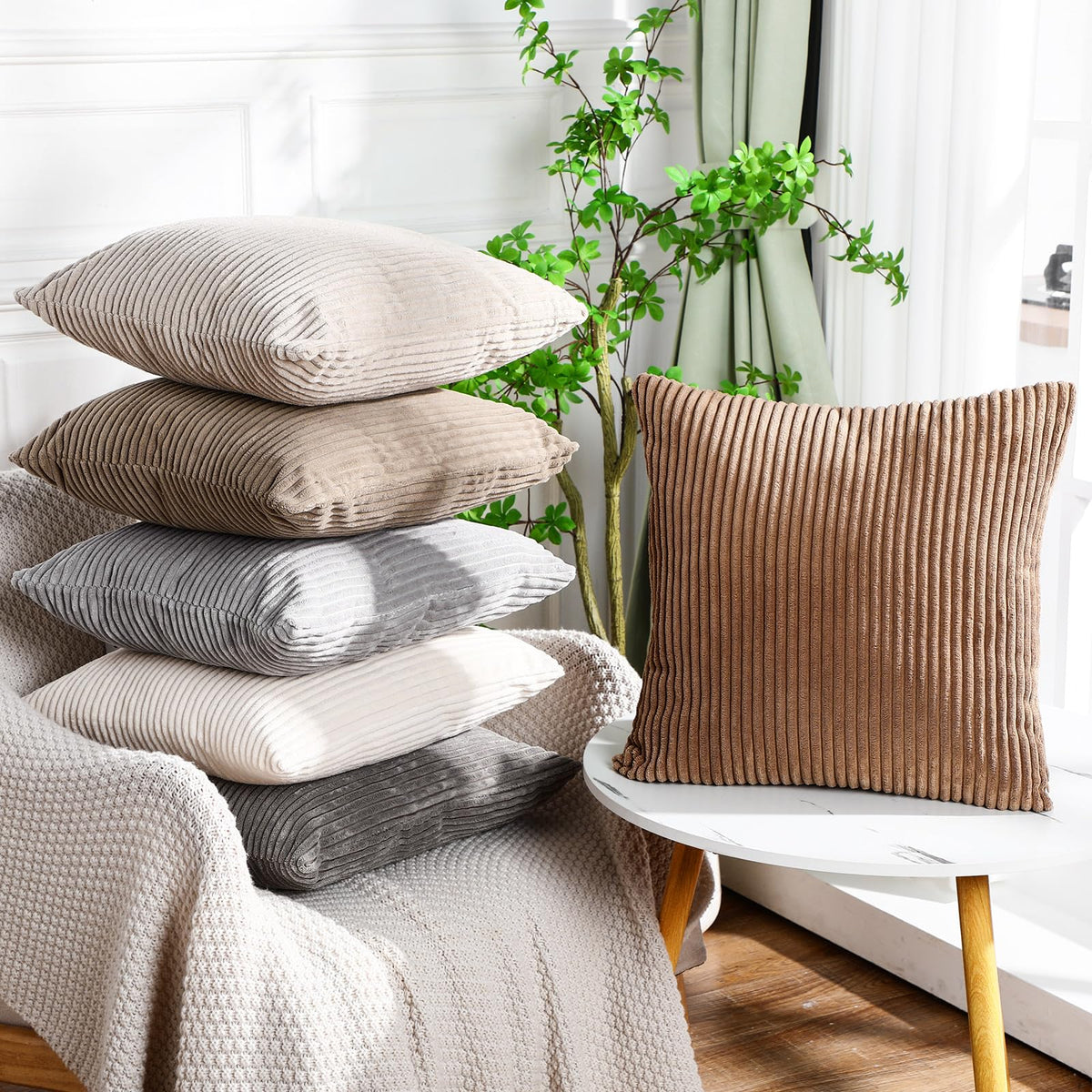 Colingmill 6 Pcs Fall Corduroy Pillow Covers Throw Cushion Cover,Neutral