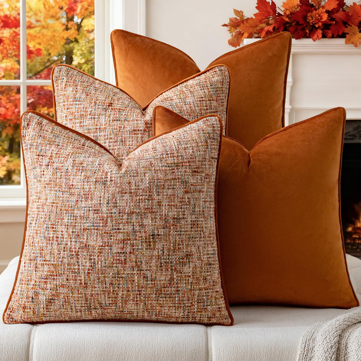 a moment Khaki 4 Pack Throw Pillow Covers - Chenille & Velvet Set with Piping, Farmhouse Textured Design Cushion Cases for Couch Sofa Bed (18x18 Inch, No Insert)