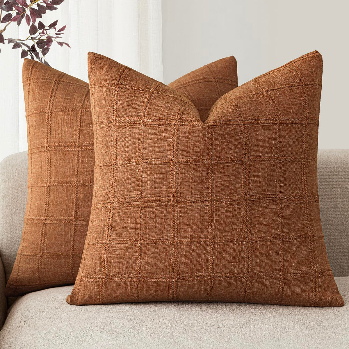 Foindtower Linen Check Decorative Throw Pillow Covers 18×18 Natural Beige