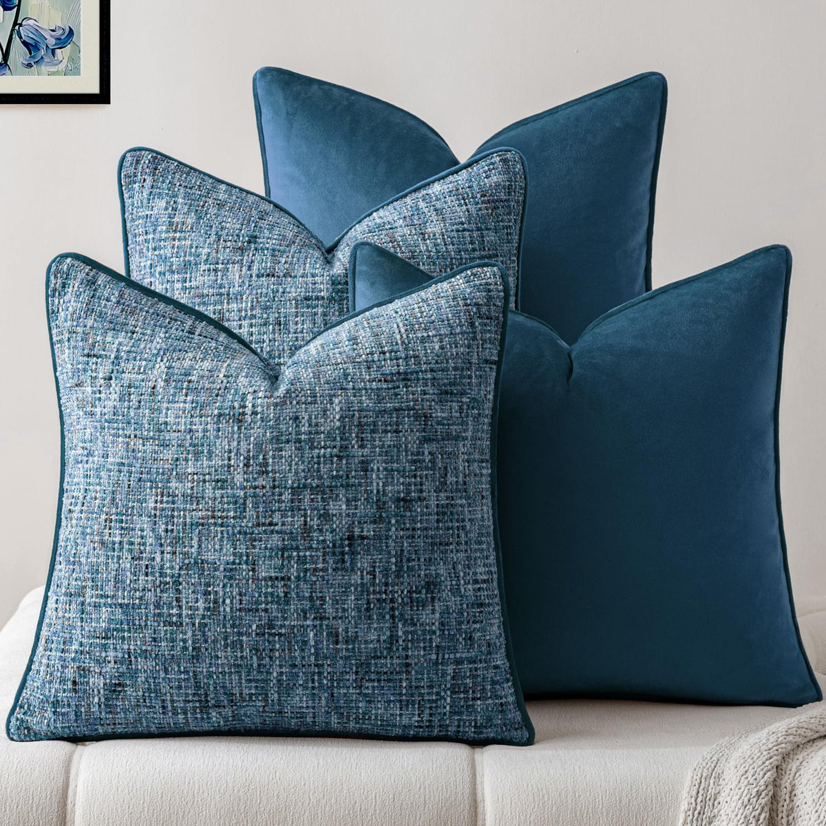 a moment Khaki 4 Pack Throw Pillow Covers - Chenille & Velvet Set with Piping, Farmhouse Textured Design Cushion Cases for Couch Sofa Bed (18x18 Inch, No Insert)