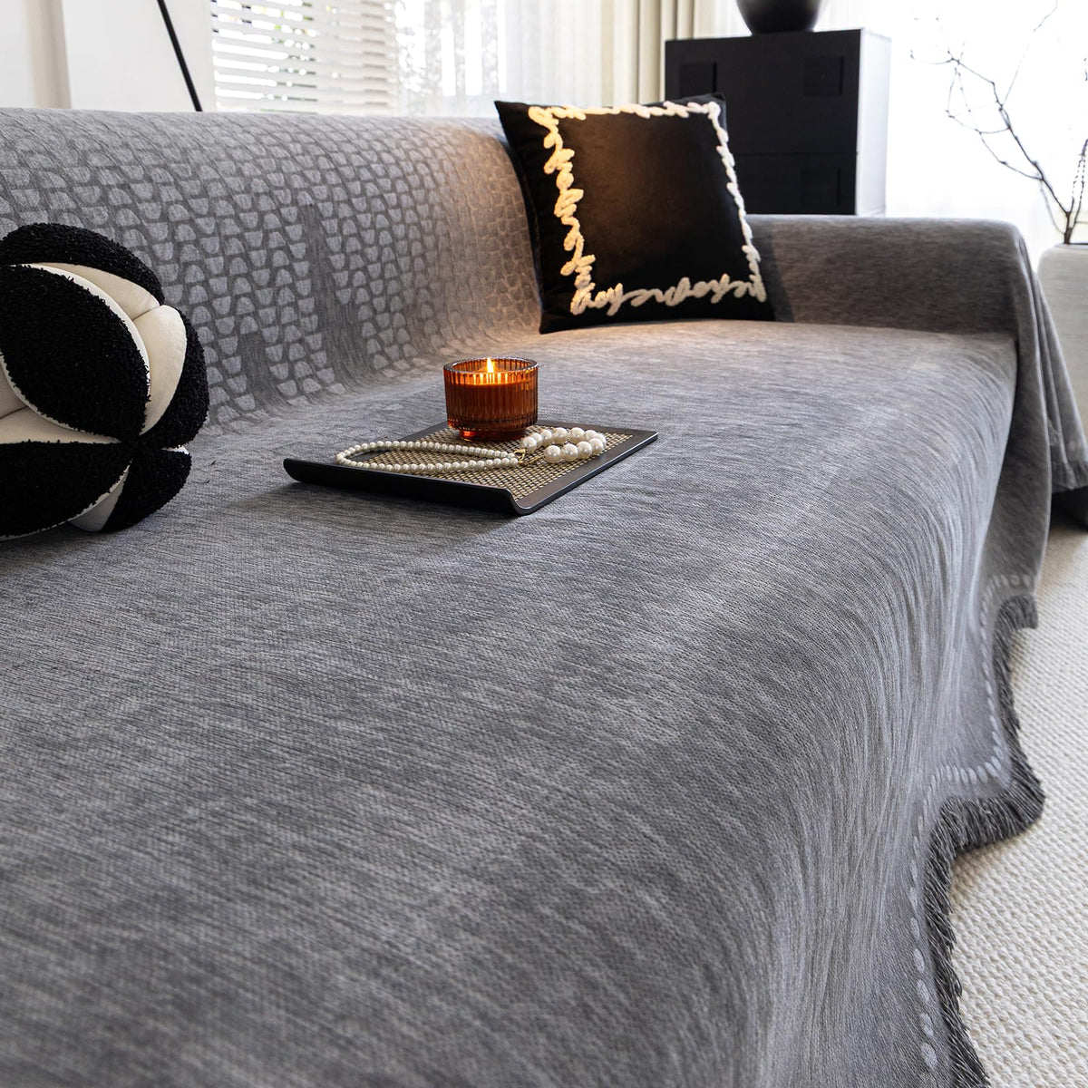 ROOMLIFE Thicked Striped Couch Cover with Tassel Blue Chenille Sofa Cover Blanket for Sectional Sofa, Soft Sofa Slipcovers for L Shaped Love Seat 2-3 Cushion Couch Anti Slip Sofa Protector, 71"x118"