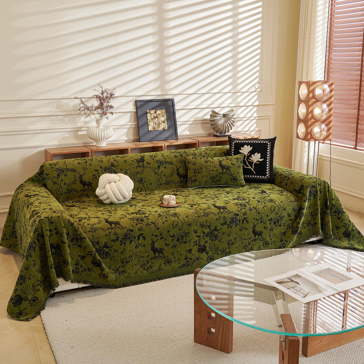 DREAMINGO Green Floral Couch Cover Farmhouse Botanical Jacquard Sofa Covers for 2 Cushion Couch Cozy Chenille Living Room Furniture Loveseat Sectional Sofa Slipcovers Washable, Large 71"x118"