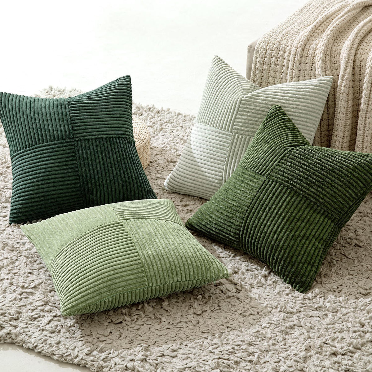 MIULEE Spring Green Decorative Throw Pillow Covers 18x18 Inch Set of 4 Boho Farmhouse Cushion Covers Mordern Nordic Pillow Cases Soft Corduroy Gradient Home Decor for Couch Sofa Living Room Bed