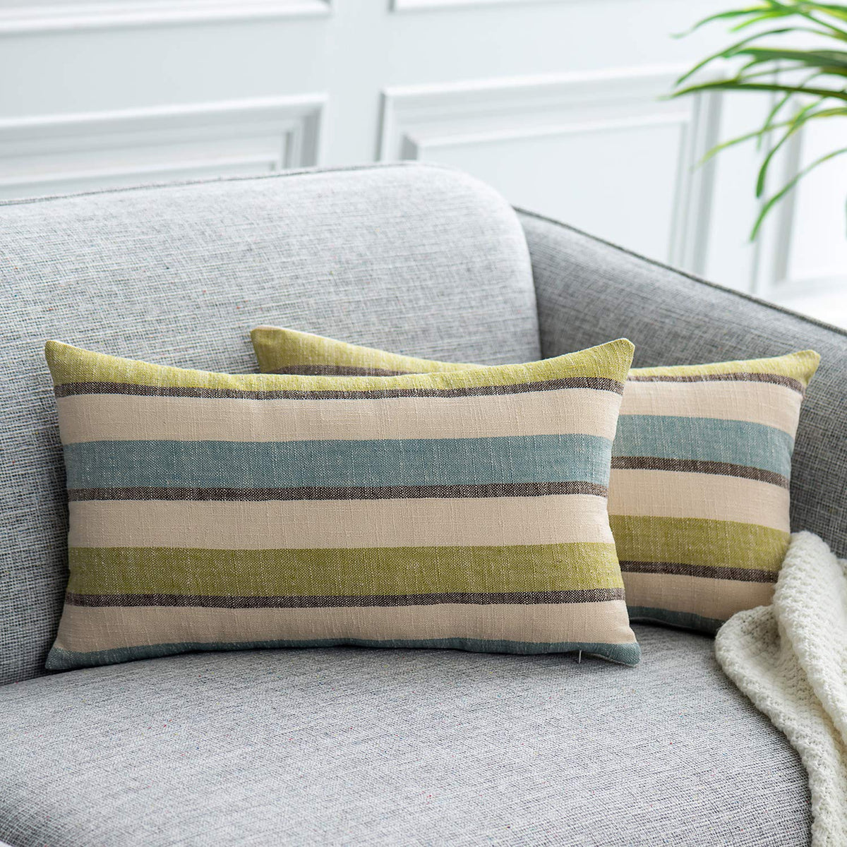 2 Pieces Decorative Classic Retro Stripe Throw Pillow Cover Soft Faux Linen Modern Farmhouse Lumbar Cushion Case for Sofa Bedroom Car 12 x 20 Inch Grey Blue Mixed