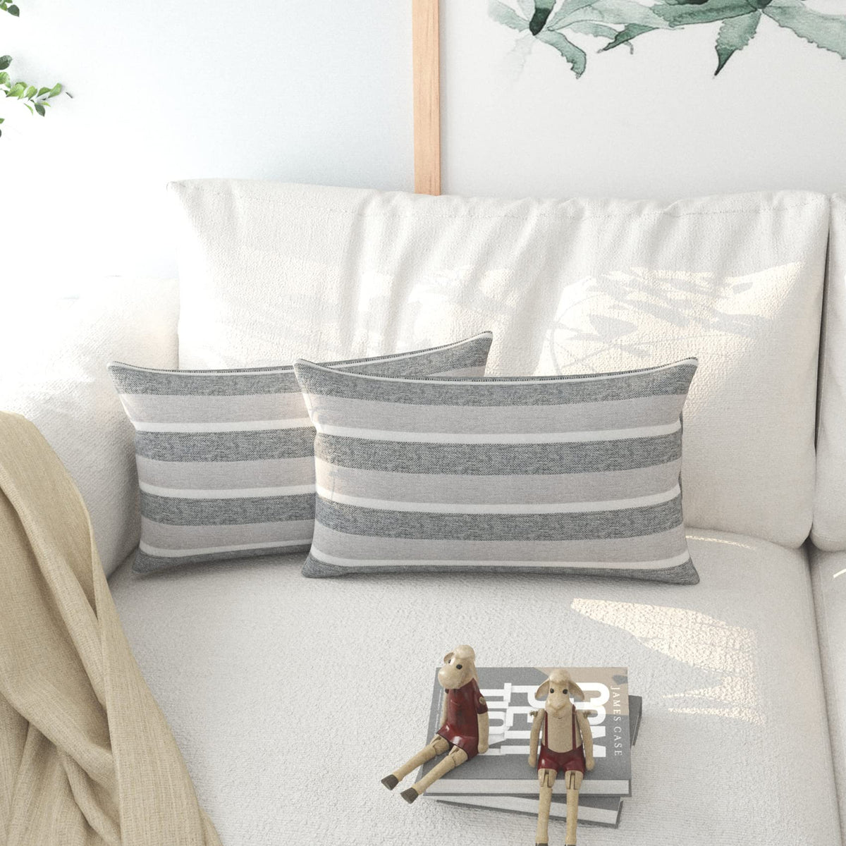 2 Pieces Decorative Classic Retro Stripe Throw Pillow Cover Soft Faux Linen Modern Farmhouse Lumbar Cushion Case for Sofa Bedroom Car 12 x 20 Inch Grey Blue Mixed