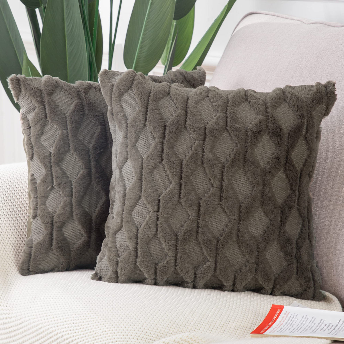MADIZZ Set of 2 Soft Polyester Short Wool Velvet Decorative Throw Pillow Covers 18x18 inch Beige Square Luxury Style Cushion Cases Pillow Shell for Sofa Bedroom