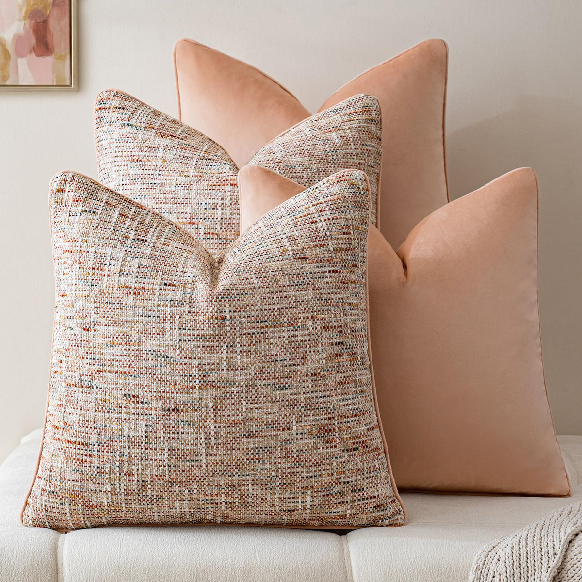 a moment Khaki 4 Pack Throw Pillow Covers - Chenille & Velvet Set with Piping, Farmhouse Textured Design Cushion Cases for Couch Sofa Bed (18x18 Inch, No Insert)