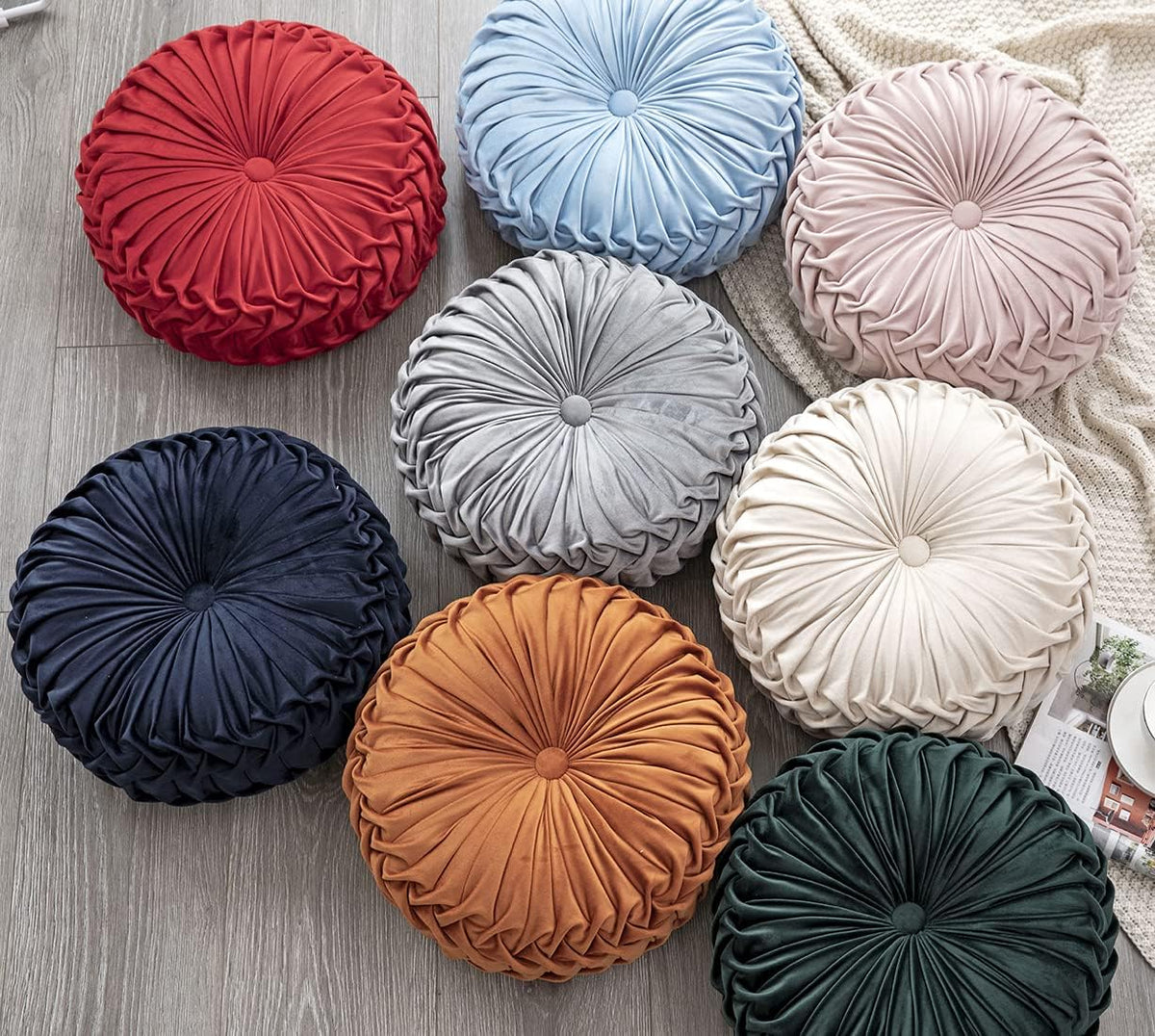 vctops Solid Velvet Seat Cushions Round Floor Pillows Thicken Chair Cushions Pleated Chair Pads Seat Pad Throw Pillows for Bedroom Living Room (Beige,Diameter 15")