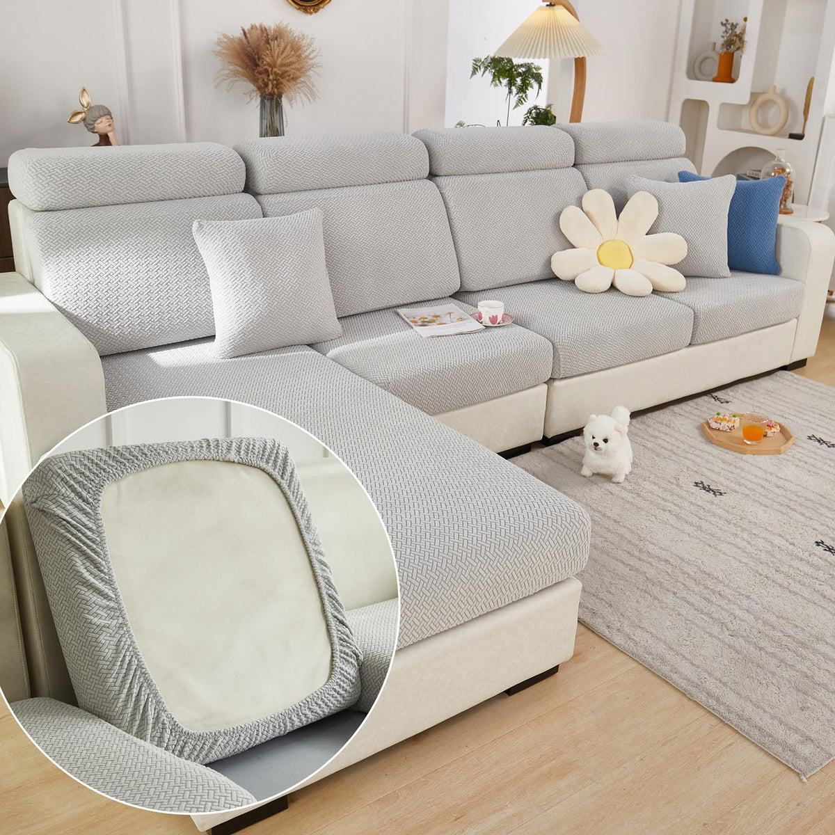 Yoovat Couch Cushion Covers for Sofa Couch Covers Wear-Resistant Universal Sofa Cover Washable Stretch for Sectional Slipcovers (Texture-Light Gray,Large Single Seat Cover)
