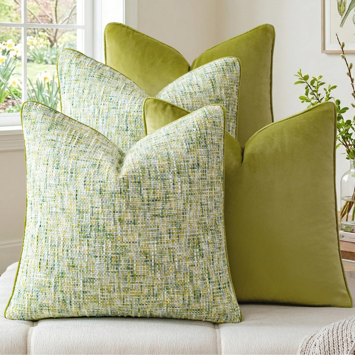 a moment Khaki 4 Pack Throw Pillow Covers - Chenille & Velvet Set with Piping, Farmhouse Textured Design Cushion Cases for Couch Sofa Bed (18x18 Inch, No Insert)