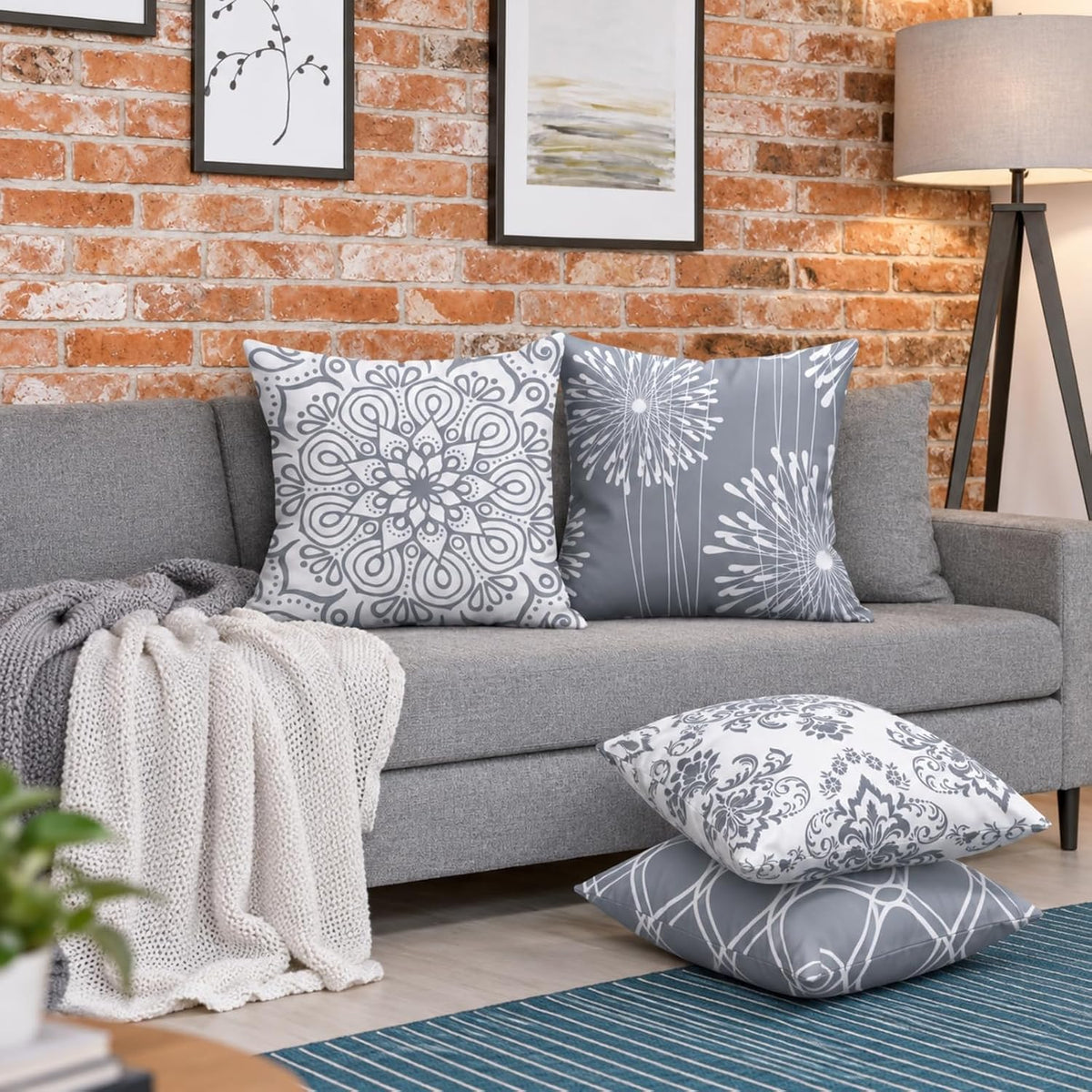 Coliuso Decorative Throw Pillow Covers 18x18 Set of 4, Grey and White Modern Simple Square Pillow Case Cushion Cover for Sofa Couch Farmhouse Outdoor Living Room (Gray and White, 18" x18")