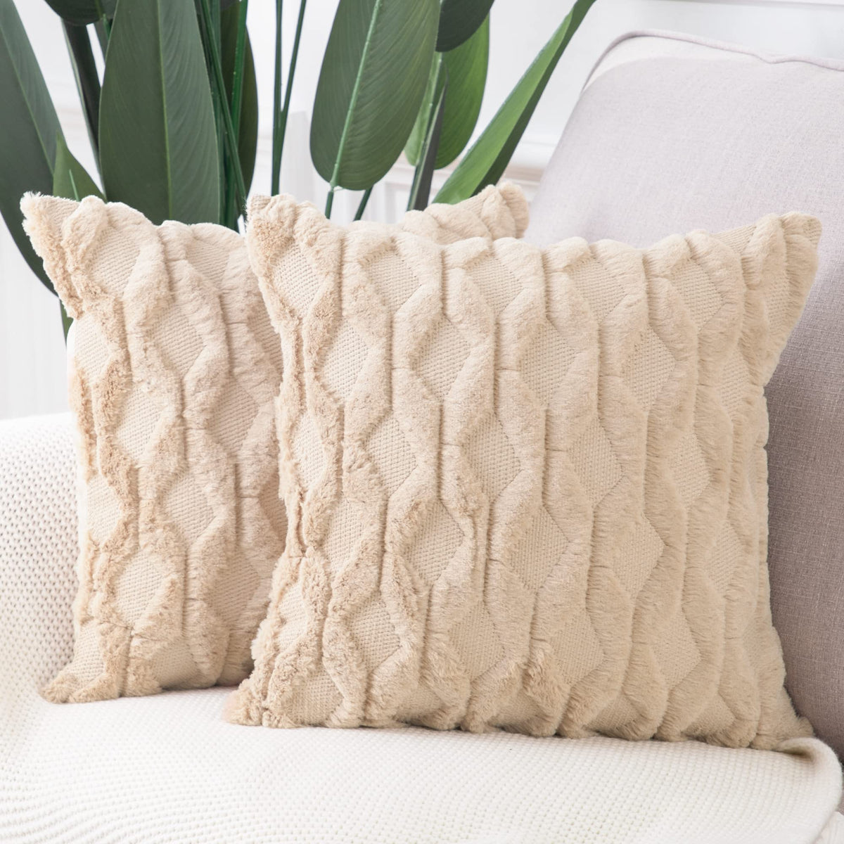 MADIZZ Set of 2 Soft Polyester Short Wool Velvet Decorative Throw Pillow Covers 18x18 inch Beige Square Luxury Style Cushion Cases Pillow Shell for Sofa Bedroom
