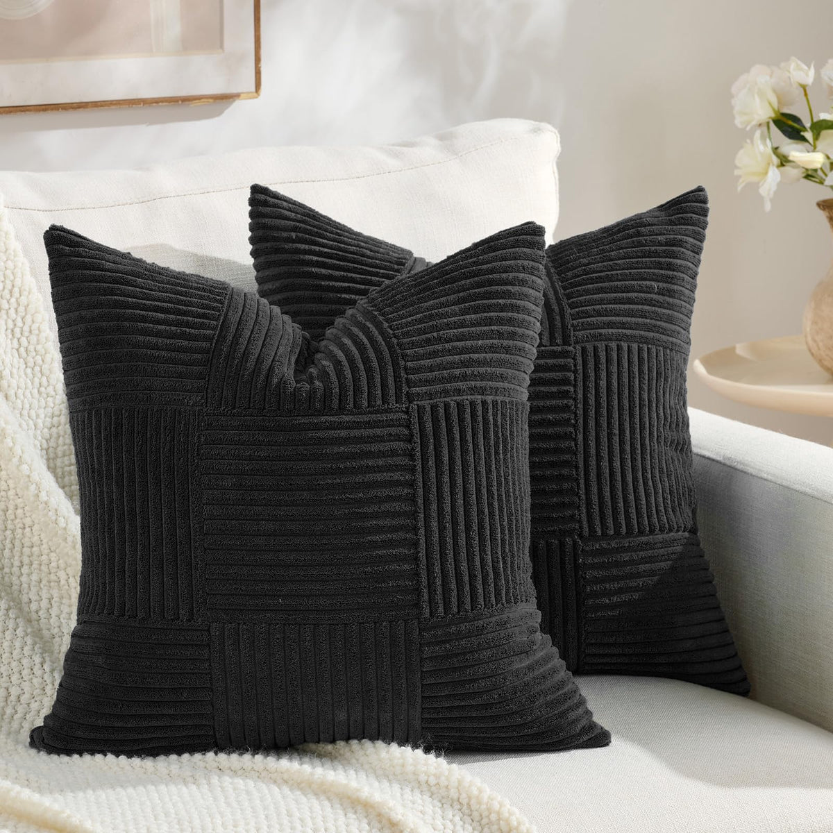 Fancy Homi Set of 2 Dark Gray Boho Decorative Throw Pillow Covers 18x18 Inch for Living Room Bedroom Couch Bed Sofa, Modern Farmhouse Home Decor, Soft Striped Plaid Corduroy Accent Cushion Case
