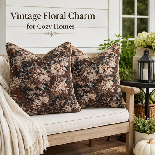 CROWNED BEAUTY Farmhouse Floral Throw Pillow Covers, 18x18, Brown, Set of 2