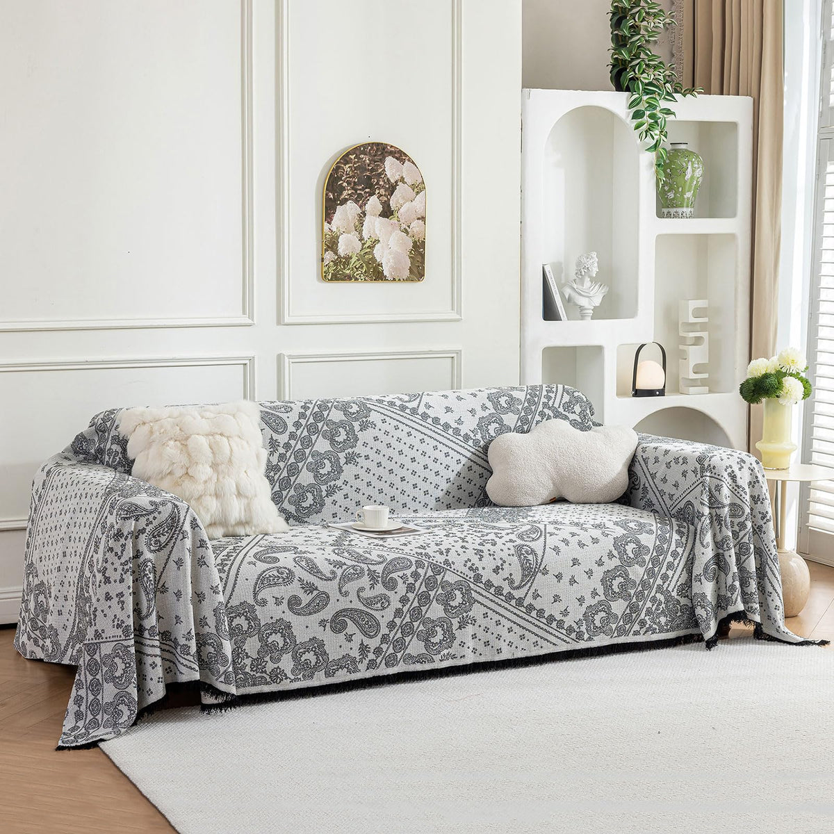 ROOMLIFE Thicked Striped Couch Cover with Tassel Blue Chenille Sofa Cover Blanket for Sectional Sofa, Soft Sofa Slipcovers for L Shaped Love Seat 2-3 Cushion Couch Anti Slip Sofa Protector, 71"x118"