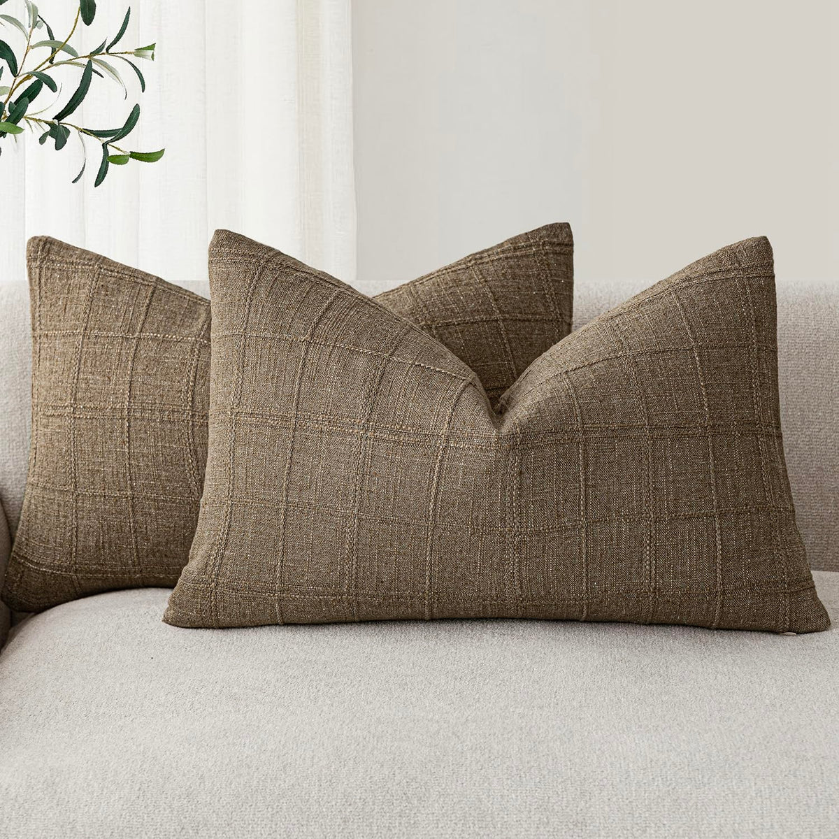 Foindtower Linen Check Decorative Throw Pillow Covers 18×18 Natural Beige