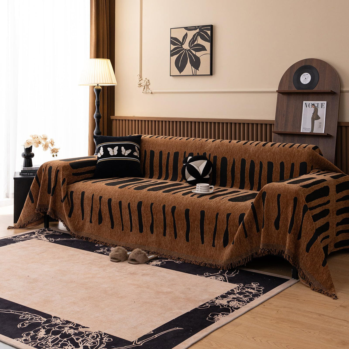 VClife Bohemian Sofa Covers Chenille Couch Cover for Sectional Couch, Soft Non Slip Couch Covers for 2 Cushion Sofa Breathable Sofa Furniture Protector Slip Cover for Couch, Pumpkin, 71"X118"