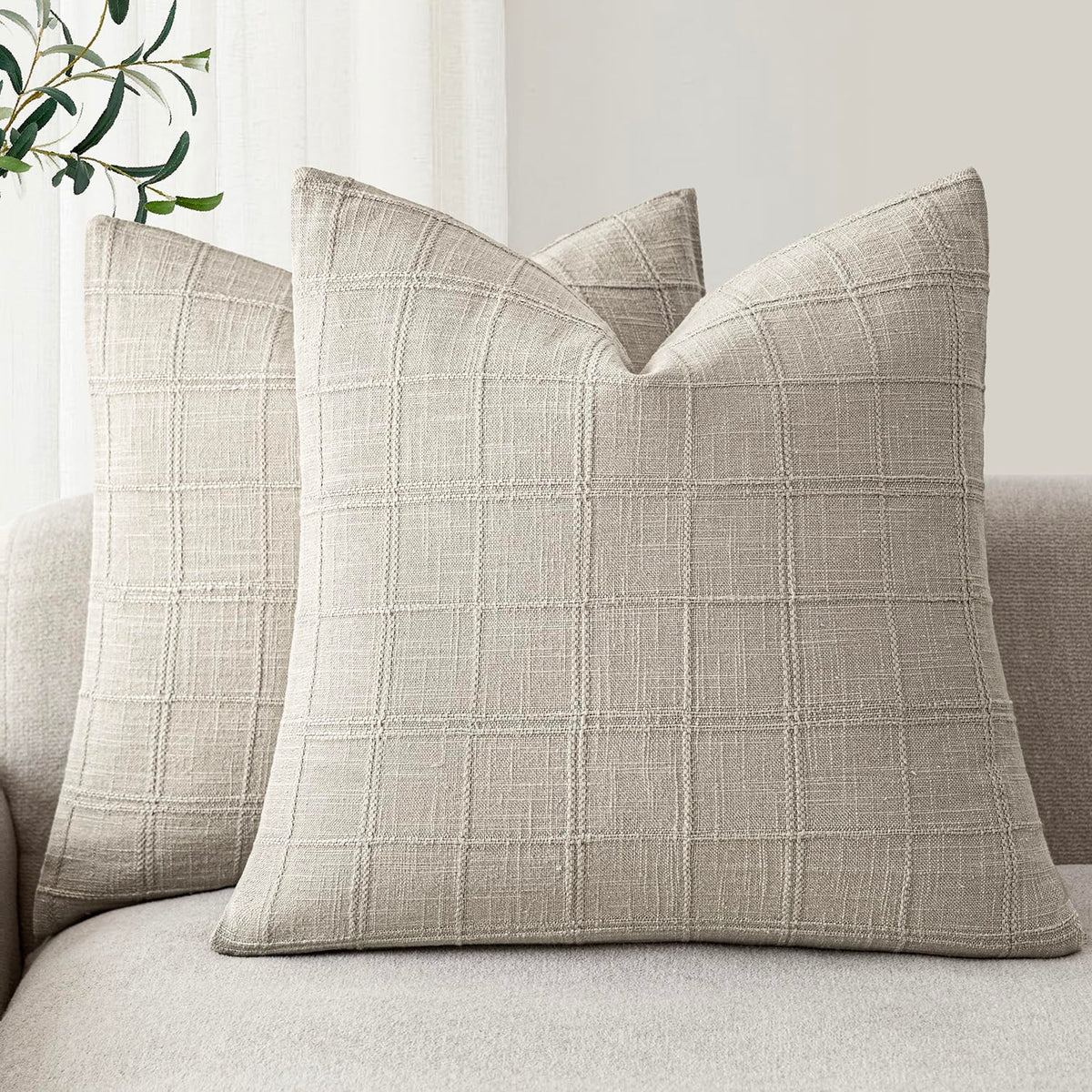 Foindtower Linen Check Decorative Throw Pillow Covers 18×18 Natural Beige
