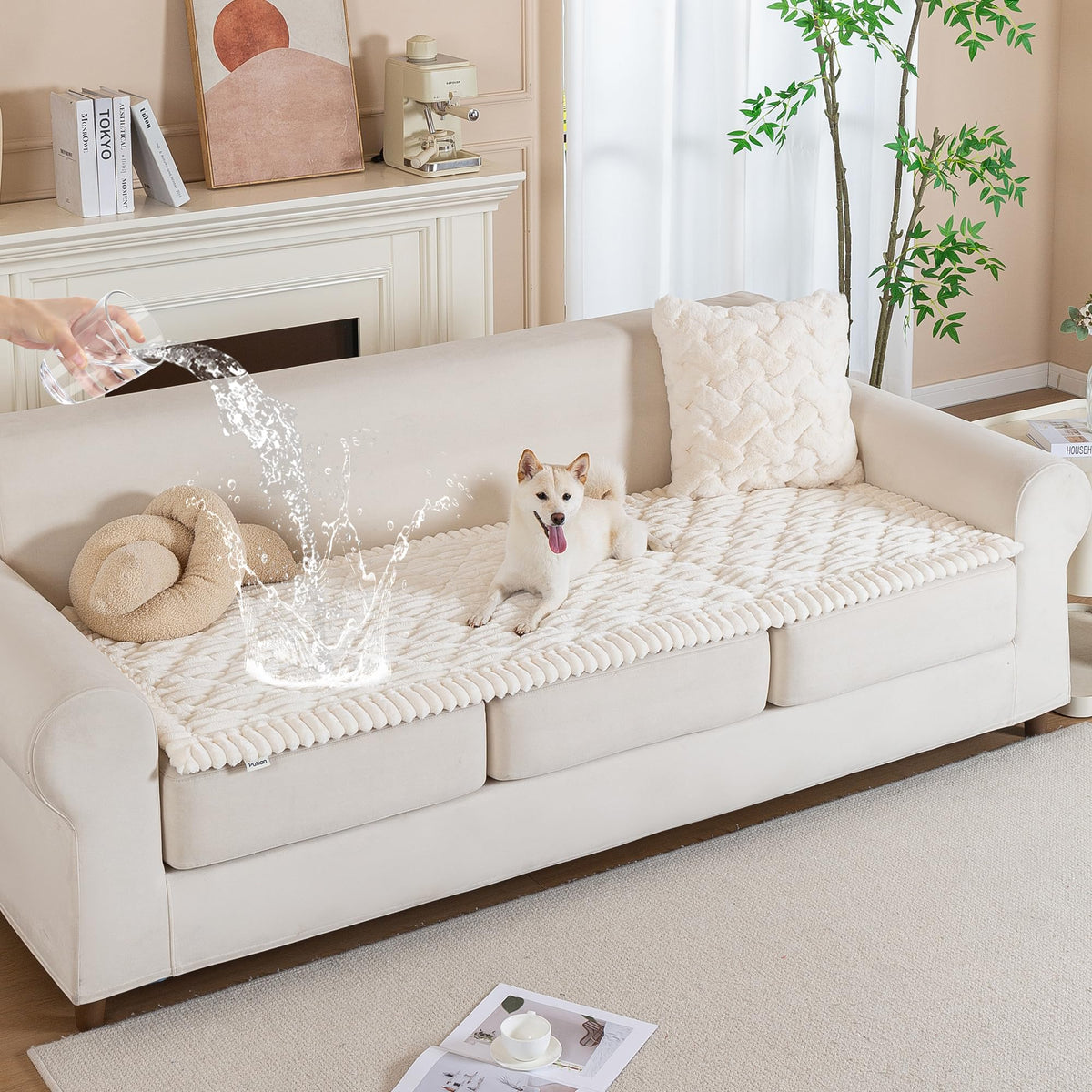 PuTian 100% Waterproof Fuzzy Couch Cover for Dogs White 27.6"x59"