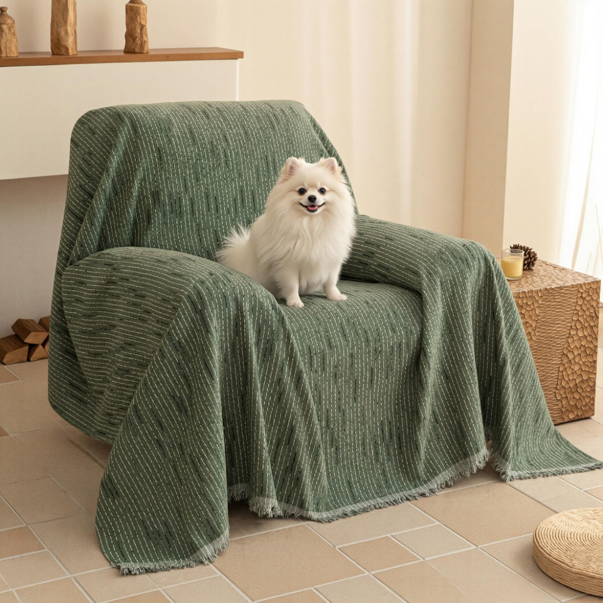 MYSKY HOME Couch Cover for Dogs, Washable Couch Covers, Non Slip Couch Sofa Cover, Couch Cover 2 Cushion Sofa Dogs Furniture Protector with Tassels Chenille Sofa Covers for Pets, 71"x118", Moss Green